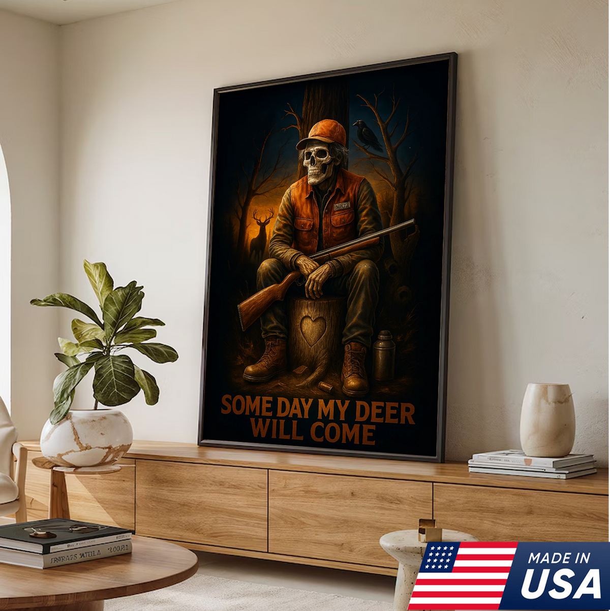 Funny Deer Hunting Canvas Wall Art – Skeleton Hunter with Rifle, Rustic Lodge Decor