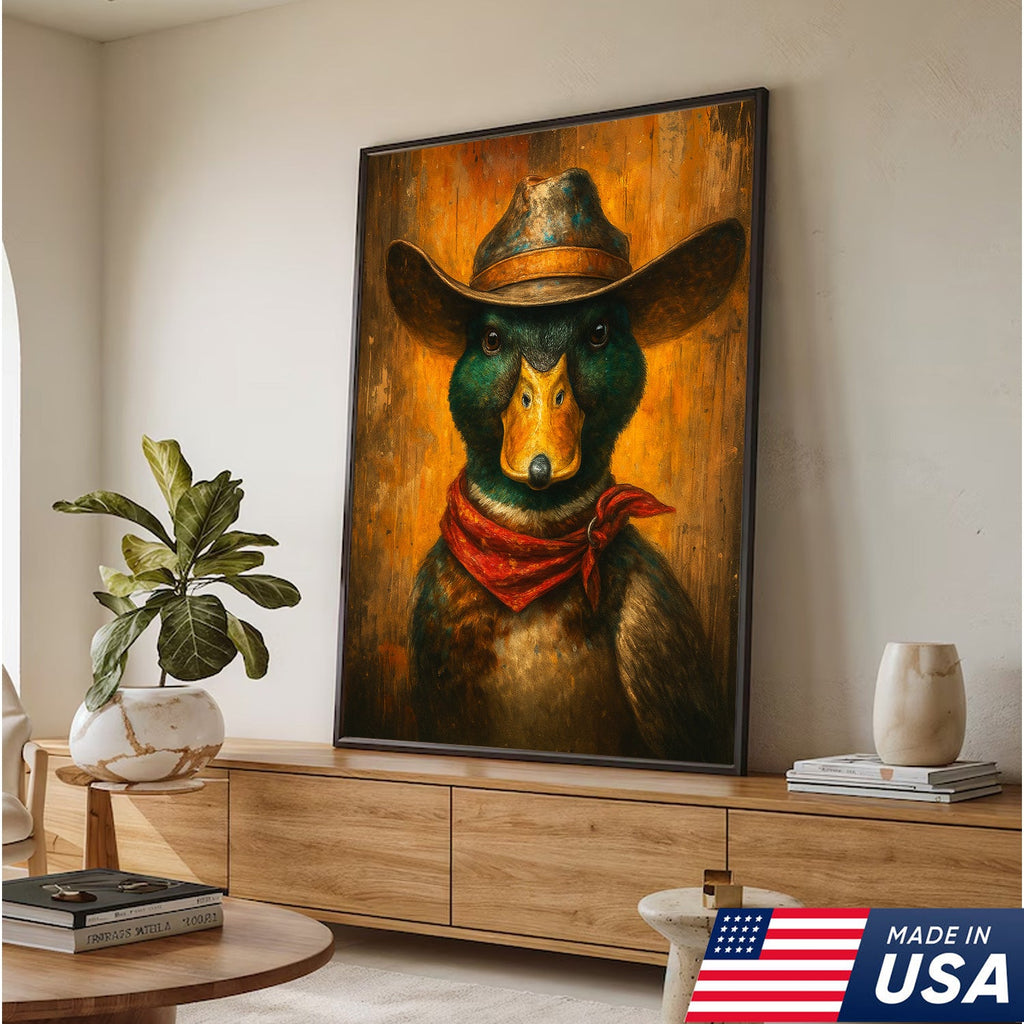 Cowboy Duck Portrait Canvas – Rustic Western Wall Art for Man Cave & Lodge Decor