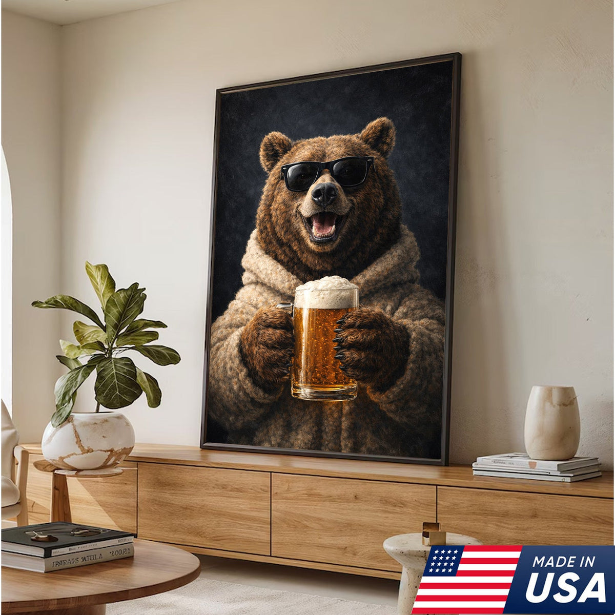 Funny Beer Bear Canvas Print Gift for Him Dad Husband Man Cave Decor