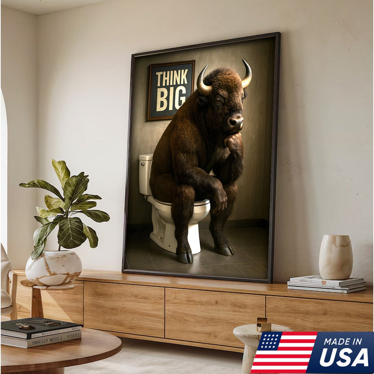 Funny Buffalo Bathroom Wall Art – Think Big Bison Canvas, Rustic Farmhouse Animal Decor