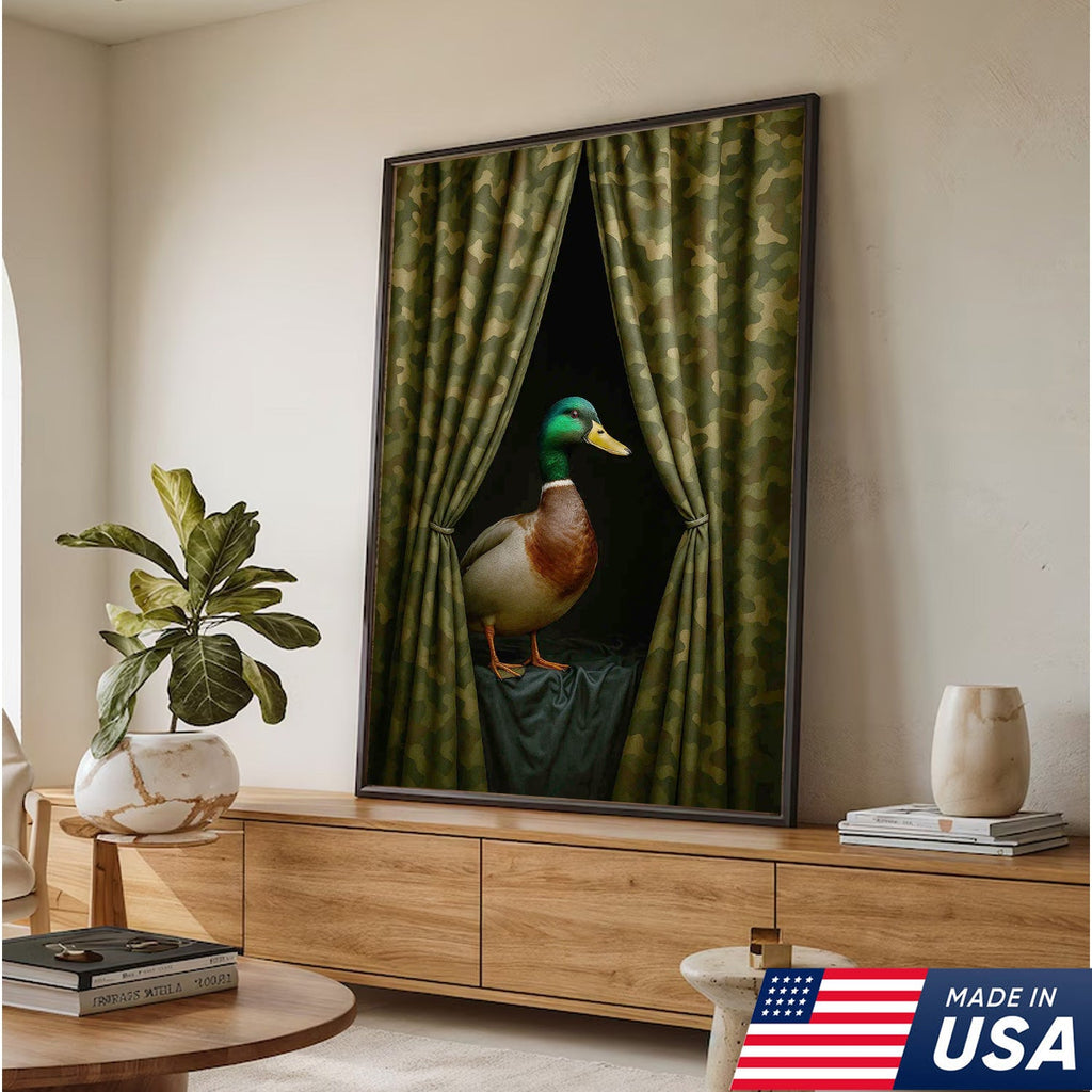 Duck Behind Camo Curtain Canvas Wall Art, Funny Hunting Lodge Decor, Rustic Wildlife Artwork