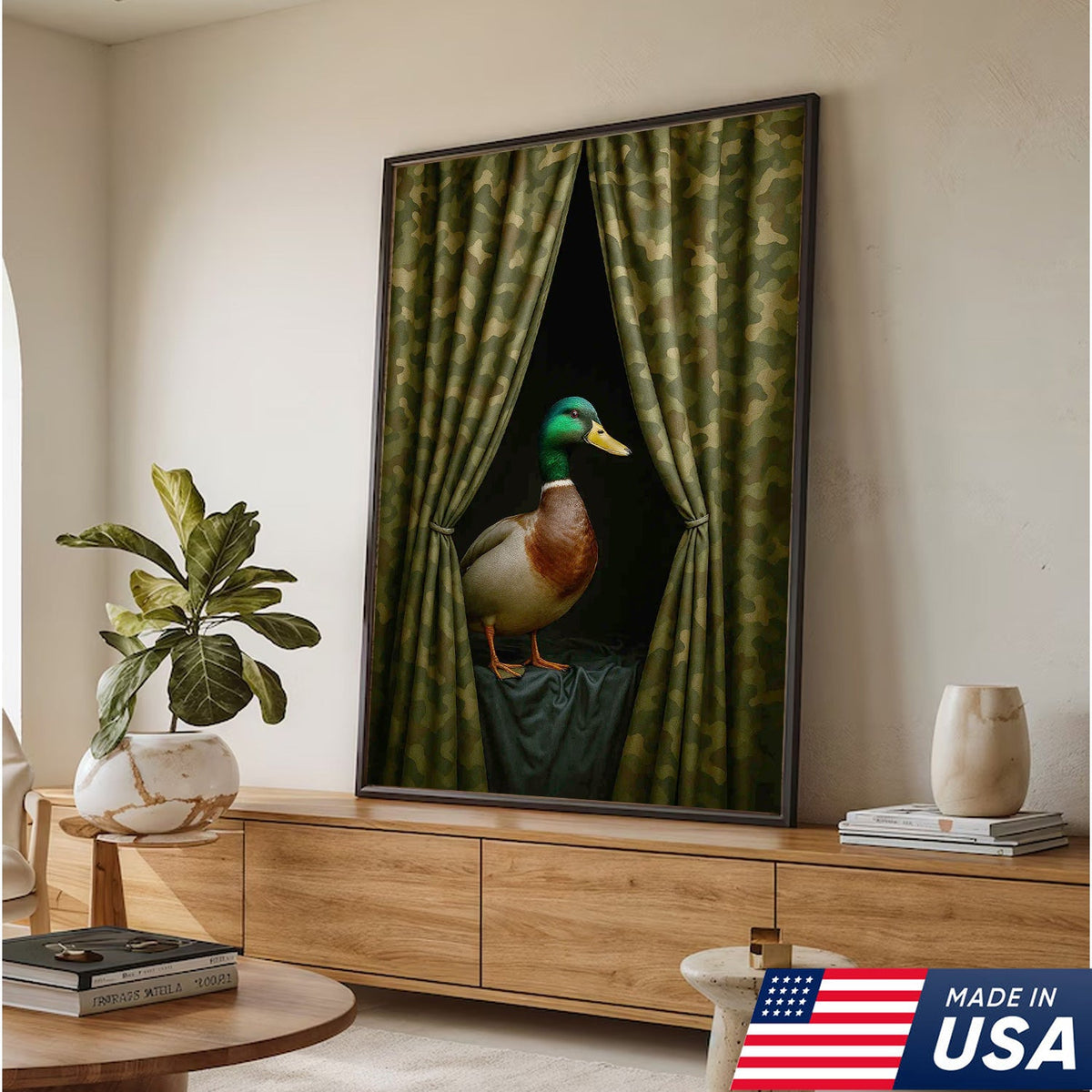 Duck Behind Camo Curtain Canvas Wall Art, Funny Hunting Lodge Decor, Rustic Wildlife Artwork