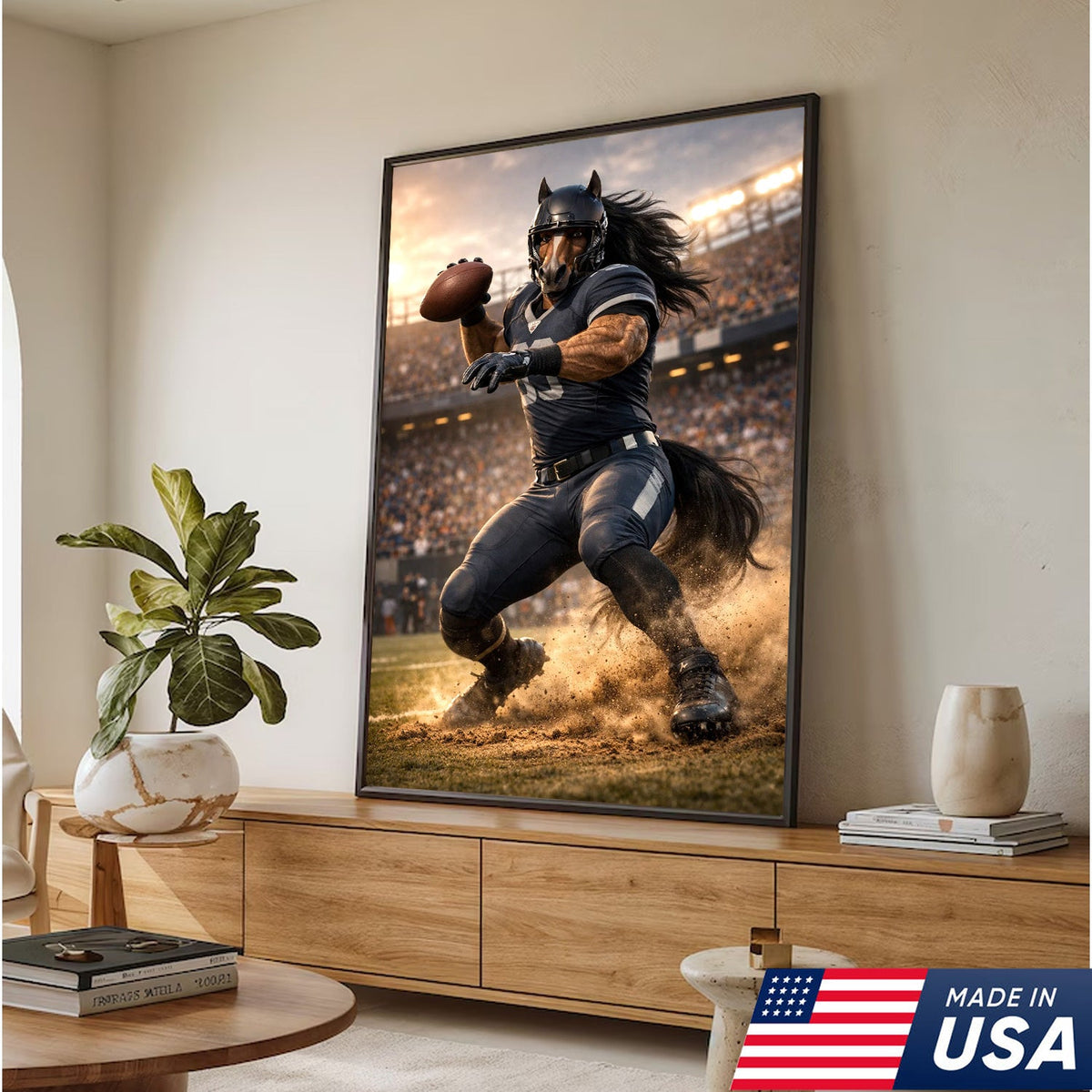 Dark Stallion Football Canvas Wall Art – Powerful Horse Athlete Stadium Action Print