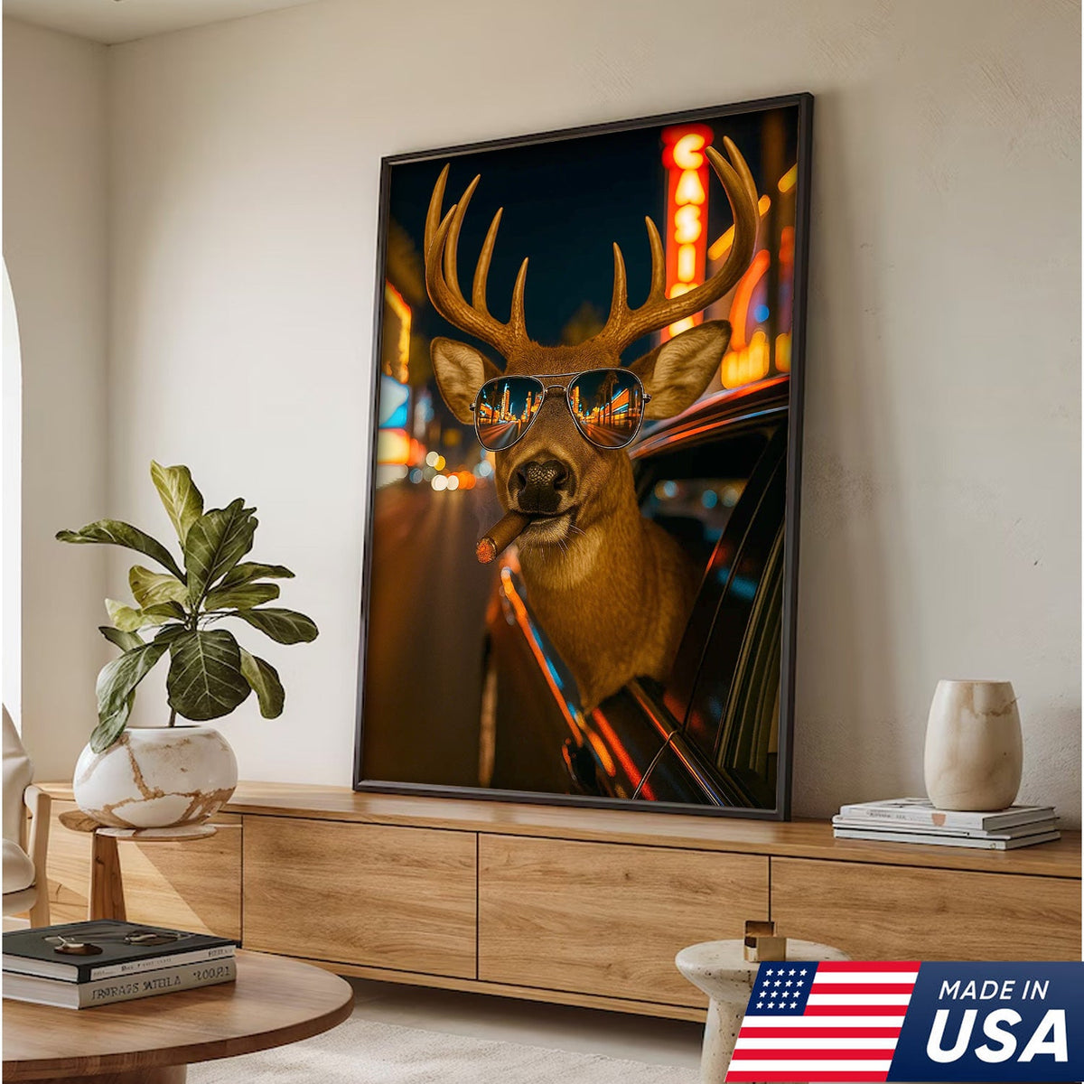 Cool Deer Canvas Wall Art - Funny Rustic Lodge Decor with Sunglasses and Night City Vibes