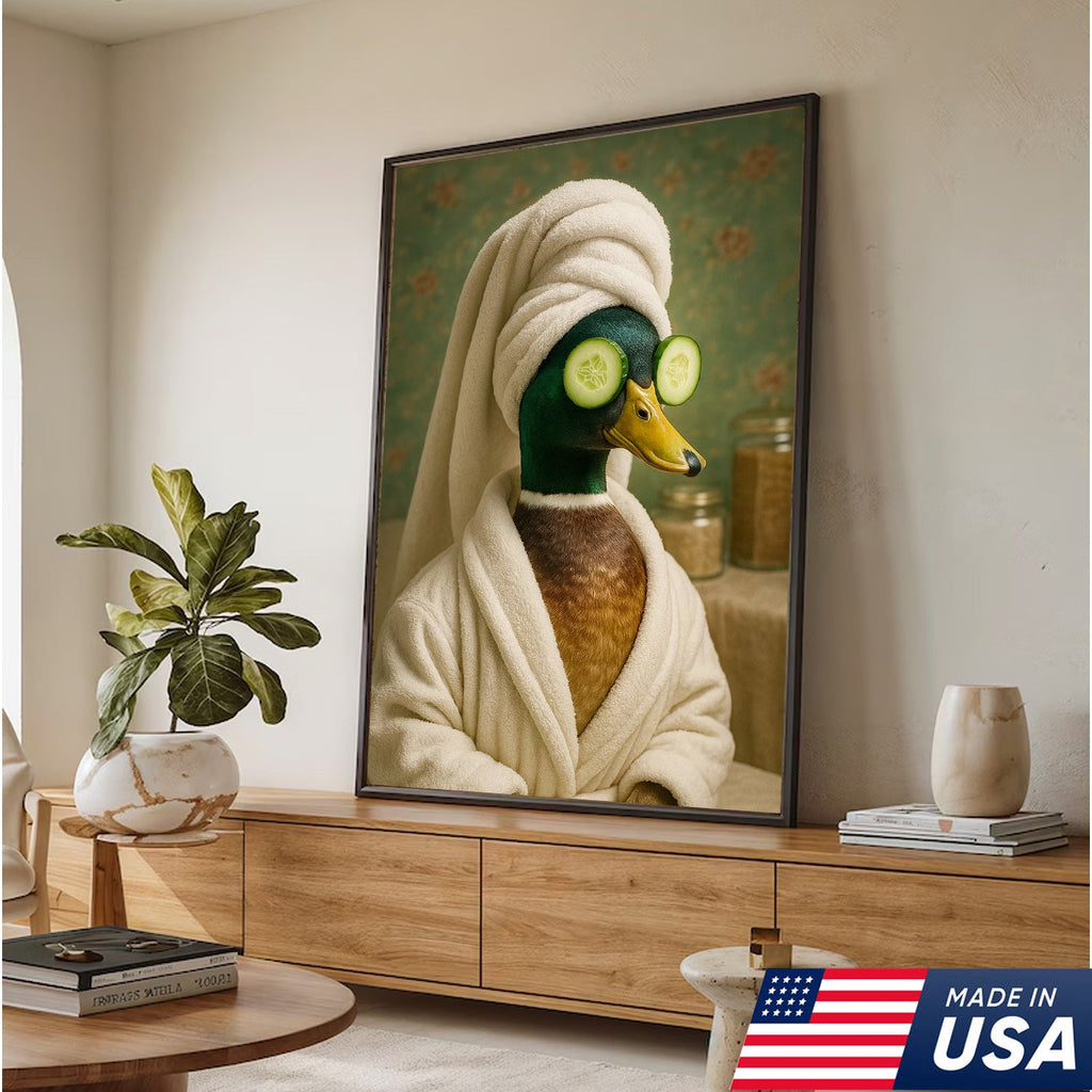 Spa Day Duck Canvas Wall Art, Funny Bathroom Spa Decor, Mallard in Robe with Cucumber Eyes