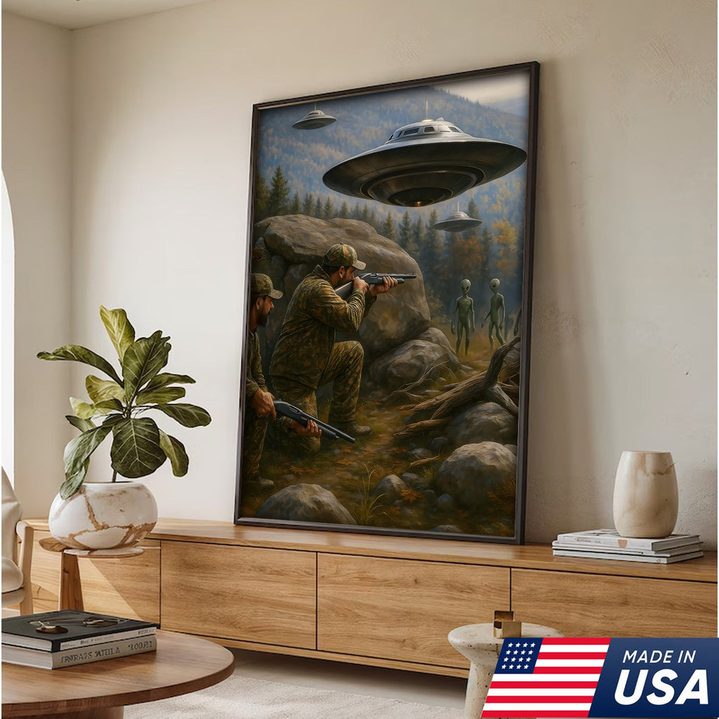 Alien Encounter Hunting Canvas Wall Art, Funny Hunters vs UFO Scene