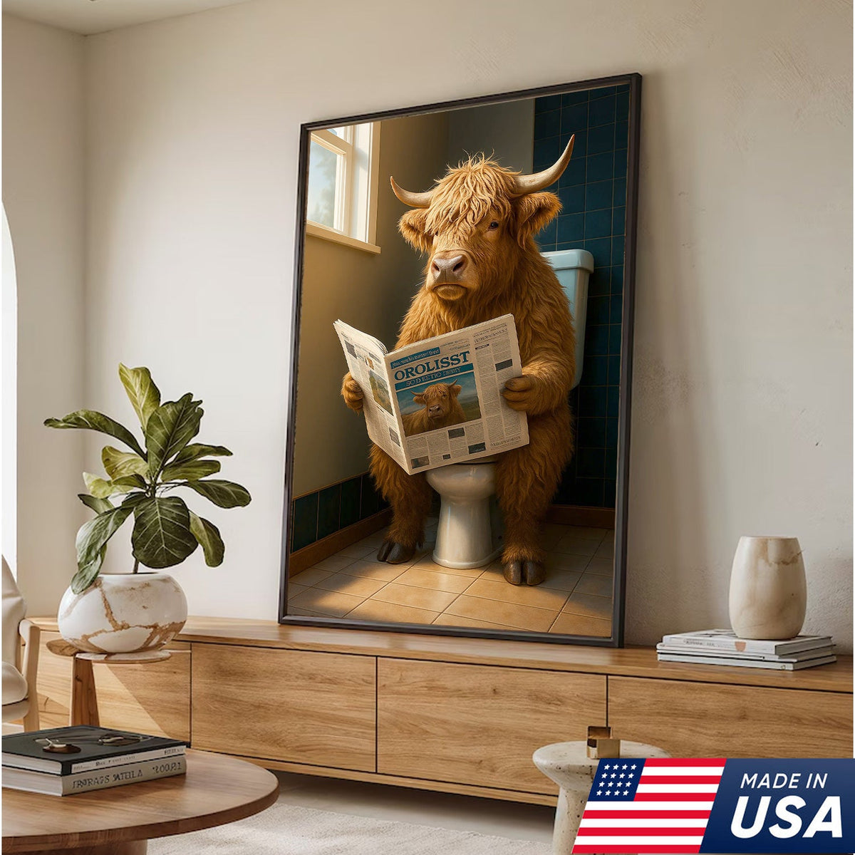Highland Cow Bathroom Canvas Wall Art, Funny Farmhouse Restroom Decor