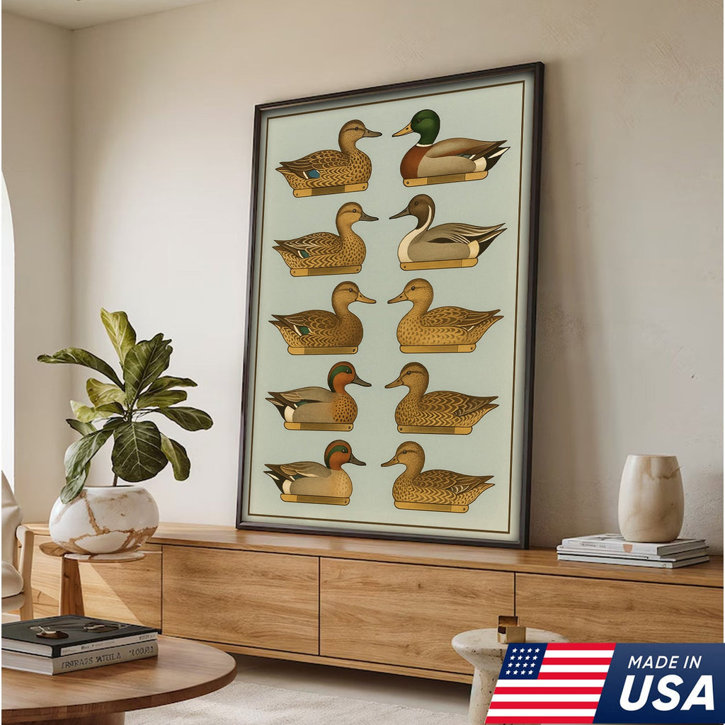 Duck Species Identification Canvas Wall Art – Rustic Hunting Lodge Decor for Hunters & Bird Lovers