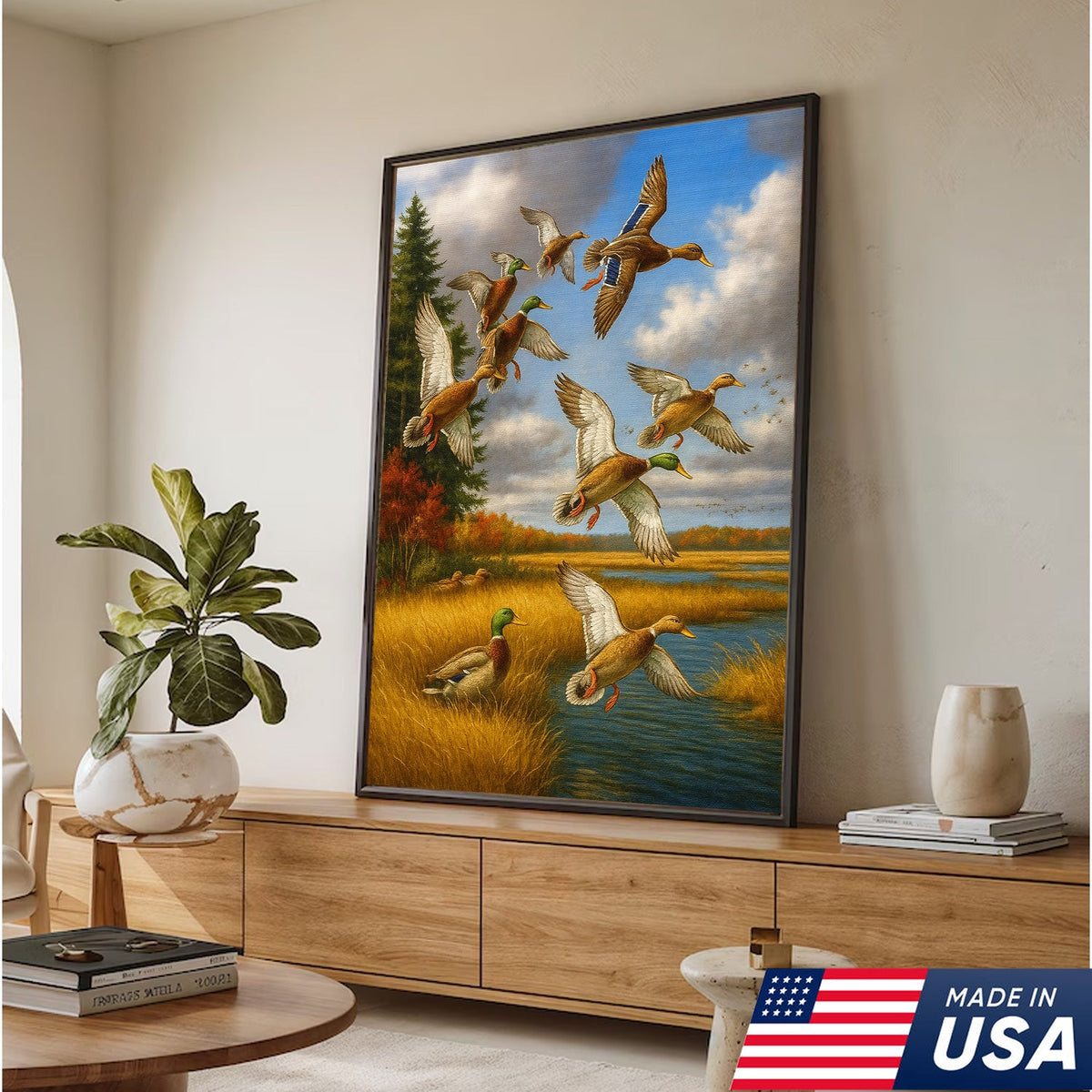 Mallard Ducks Flying Wall Art Canvas – Vintage Waterfowl Hunting Scene Canvas for Outdoorsmen