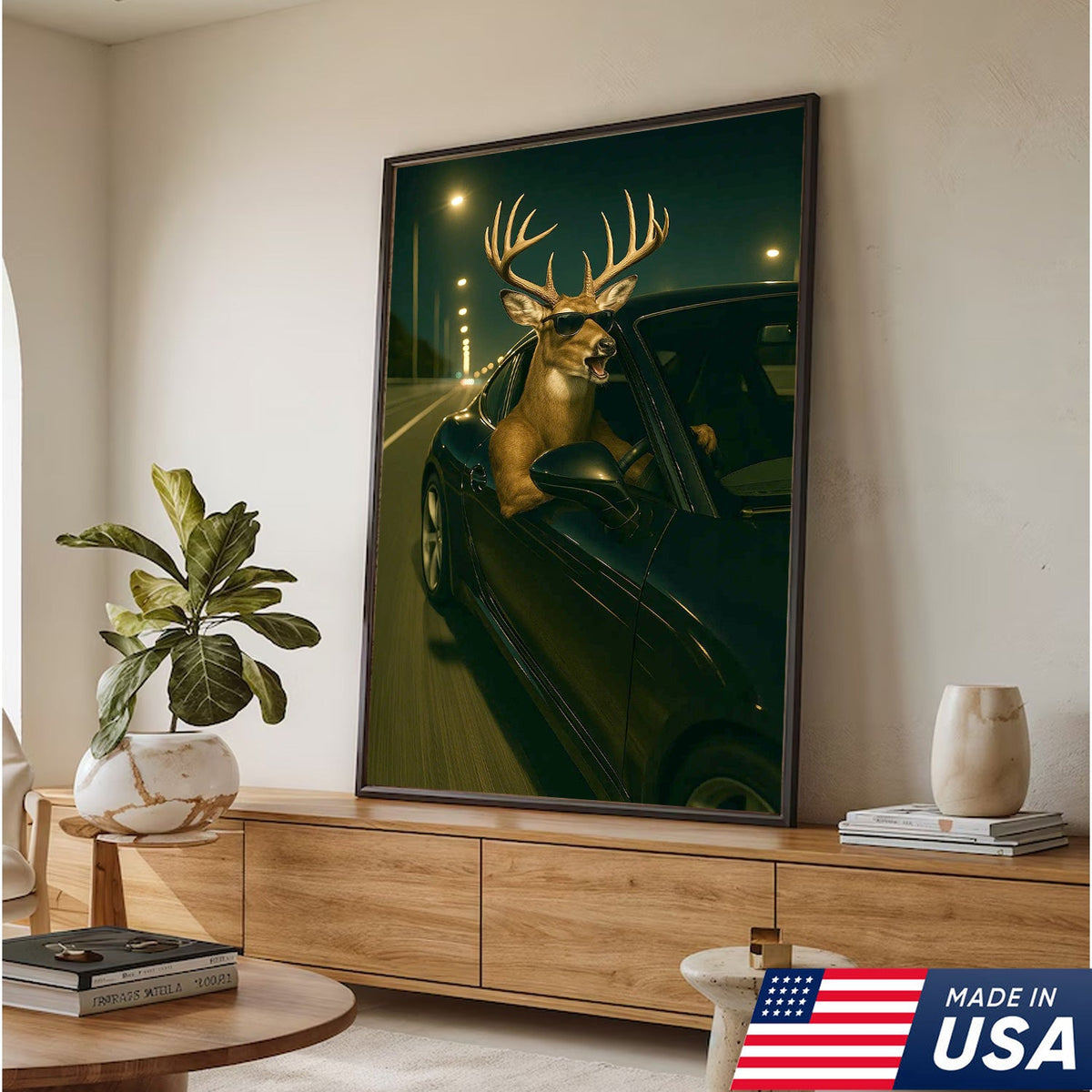 Funny Deer Driving Canvas, Cool Buck in Car Wall Art, Humorous Hunter Gift
