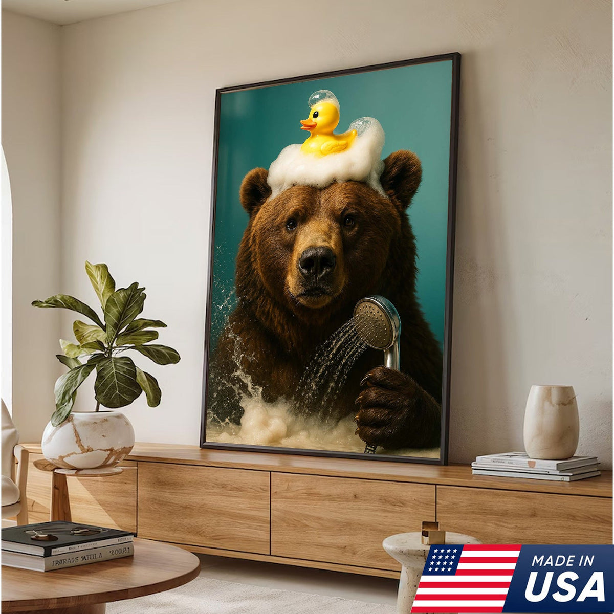 Funny Bear Bathroom Wall Art Canvas – Cute Bear Bubble Bath with Rubber Duck