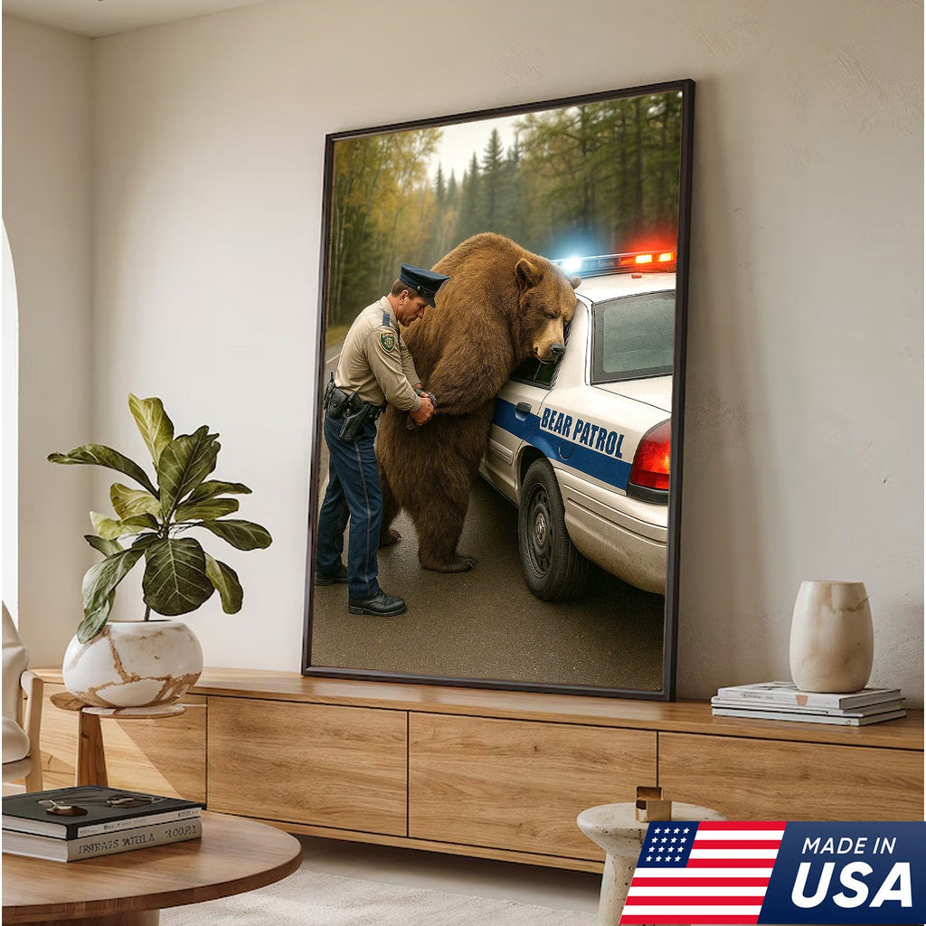 Funny Bear Patrol Canvas Wall Art, Humorous Wildlife Police Artwork, Rustic Cabin Decor