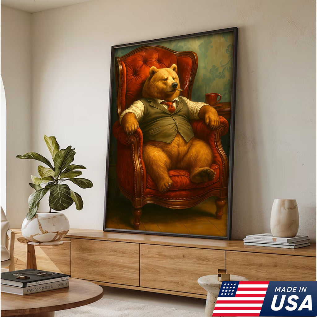 Gentleman Bear Sitting in Chair Canvas Art – Funny Gift for Men Who Love Class & Chill Vibes