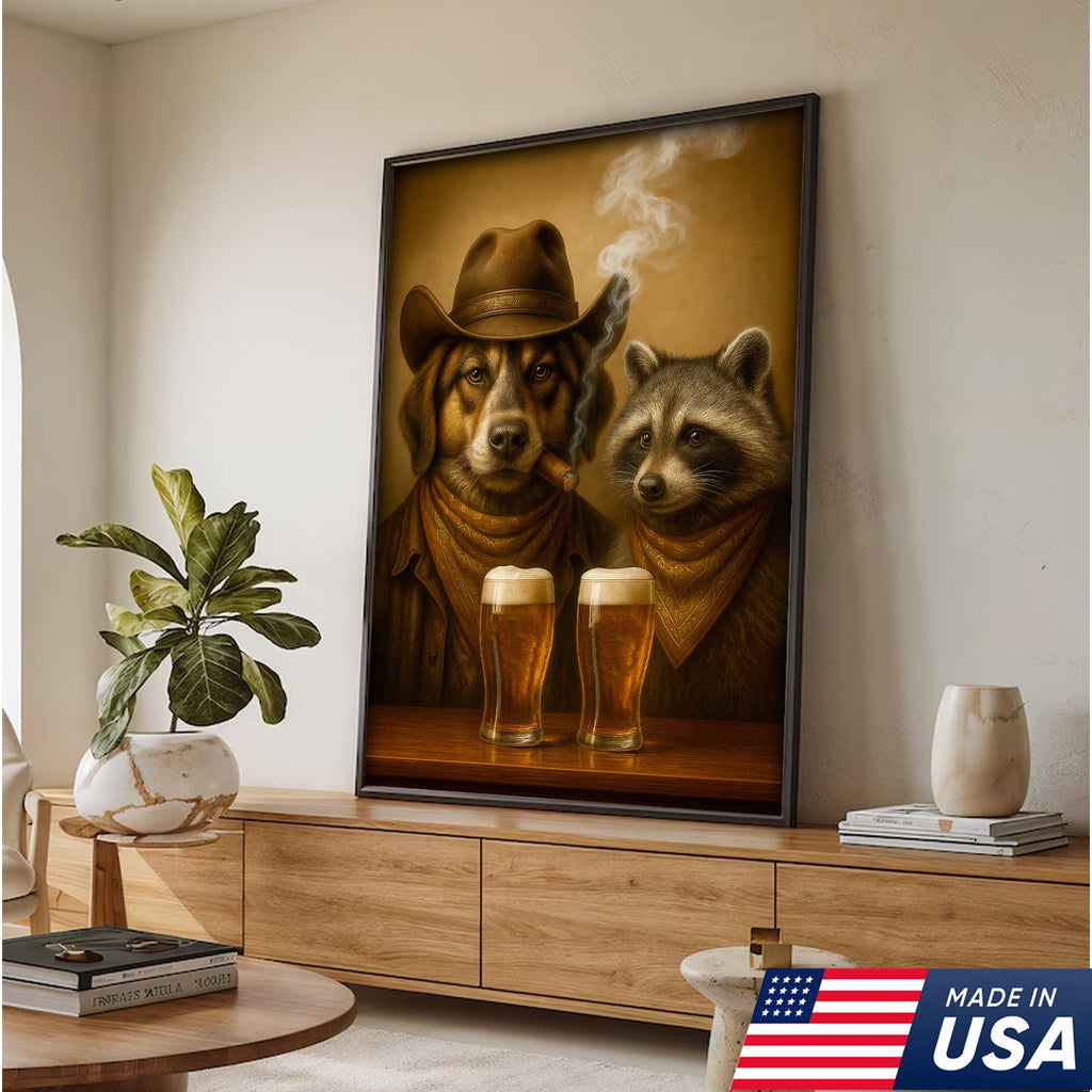 Funny Dog & Raccoon Cowboy Canvas Wall Art – Funny Western Beer Decor for Hunters