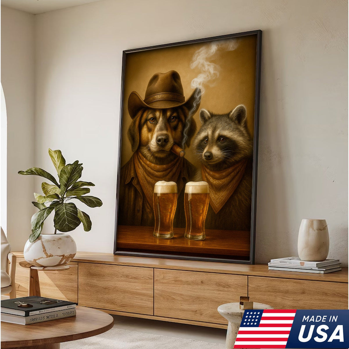 Funny Dog & Raccoon Cowboy Canvas Wall Art – Funny Western Beer Decor for Hunters
