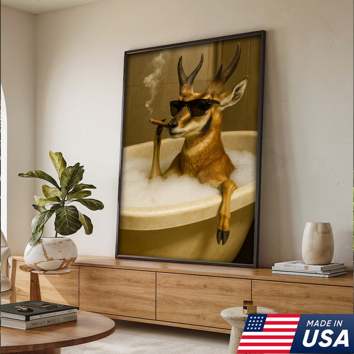 Funny Pronghorn Antelope Smoking Canvas Wall Art – Cool Bathtub & Cigar Gift for Hunters