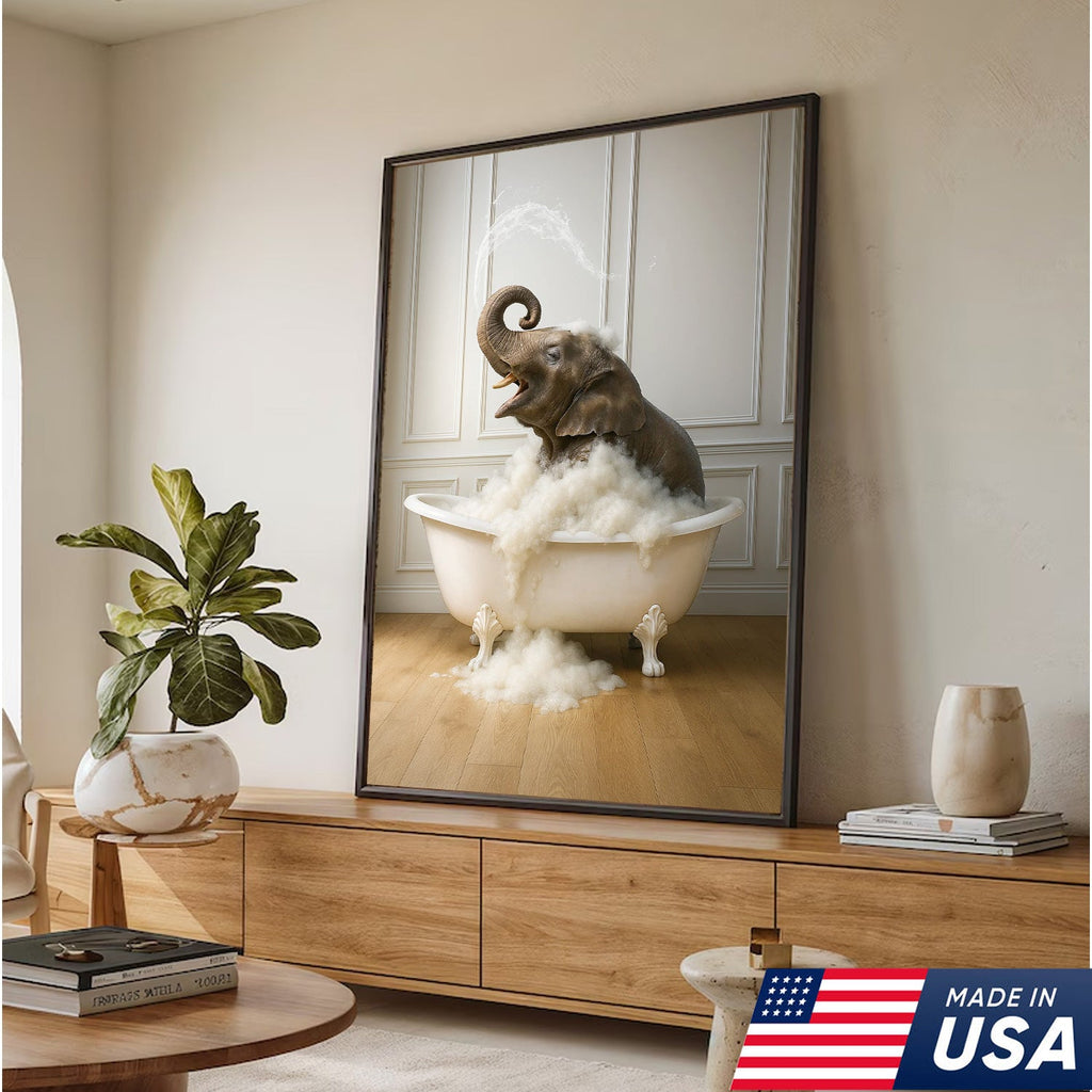Elephant Bubble Bath Bathroom Wall Art Canvas, Funny Animal in Bathtub Bathroom Decor