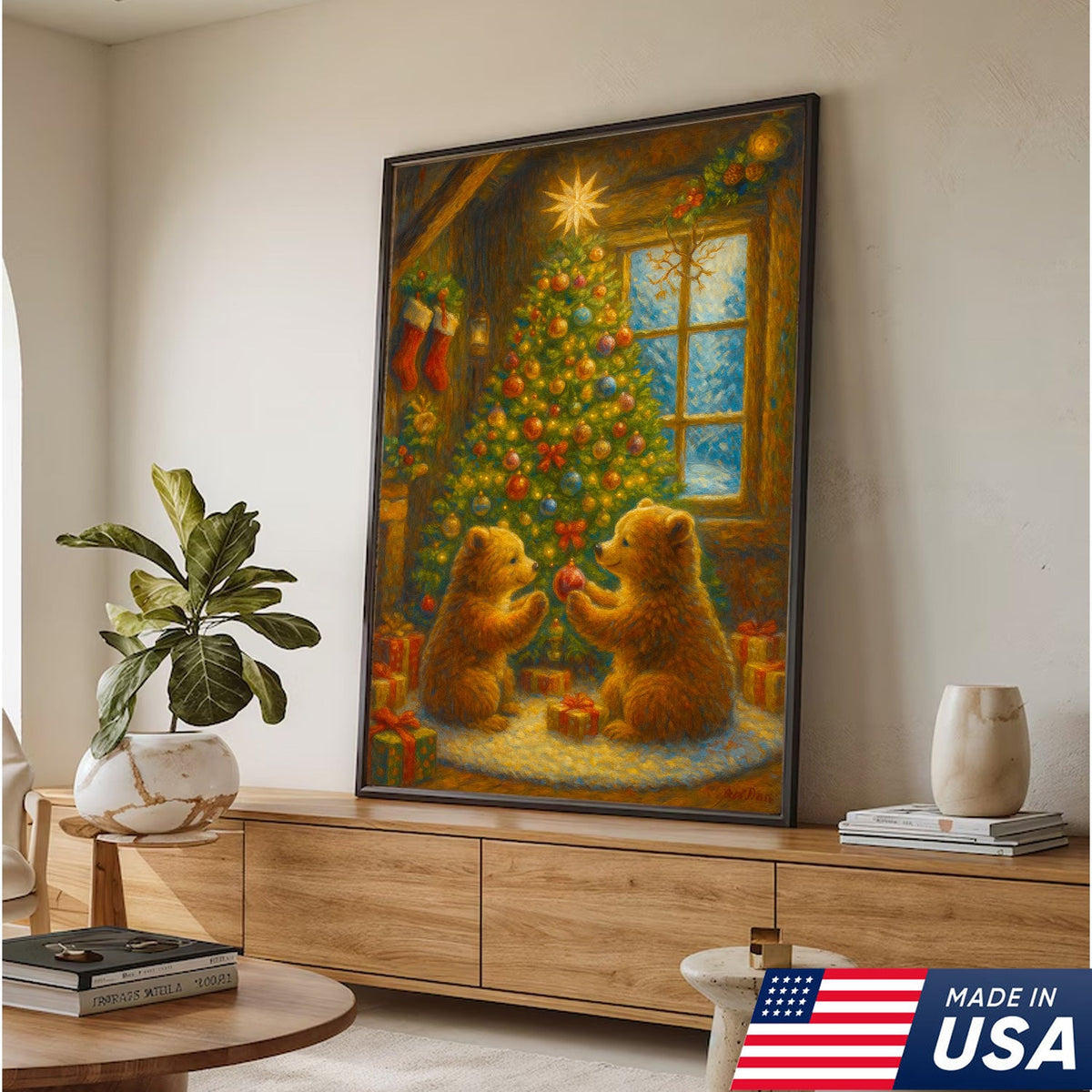Christmas Bear Cubs Wall Art Canvas — Cozy Holiday Tree Scene, Cute Winter Animal Wall Decor