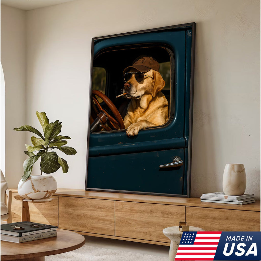 Cool Labrador Driver Canvas – Funny Country Dog Wall Art for Hunters