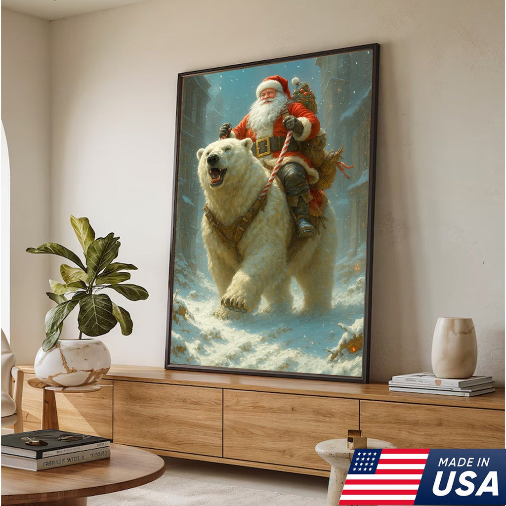 Santa Riding Polar Bear Canvas Wall Art, Epic Christmas Adventure Santa Print