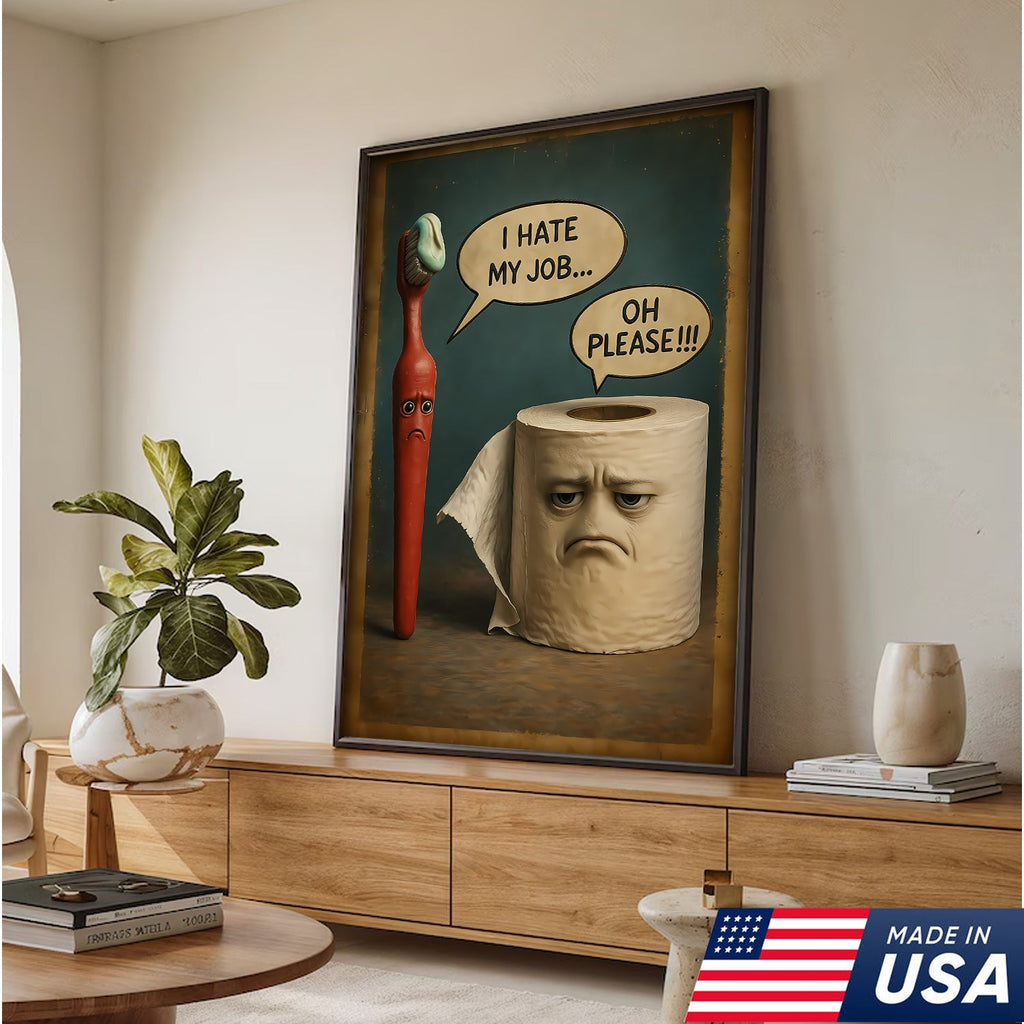 Funny Bathroom Humor Canvas Wall Art, Talking Toothbrush and Toilet Paper Print