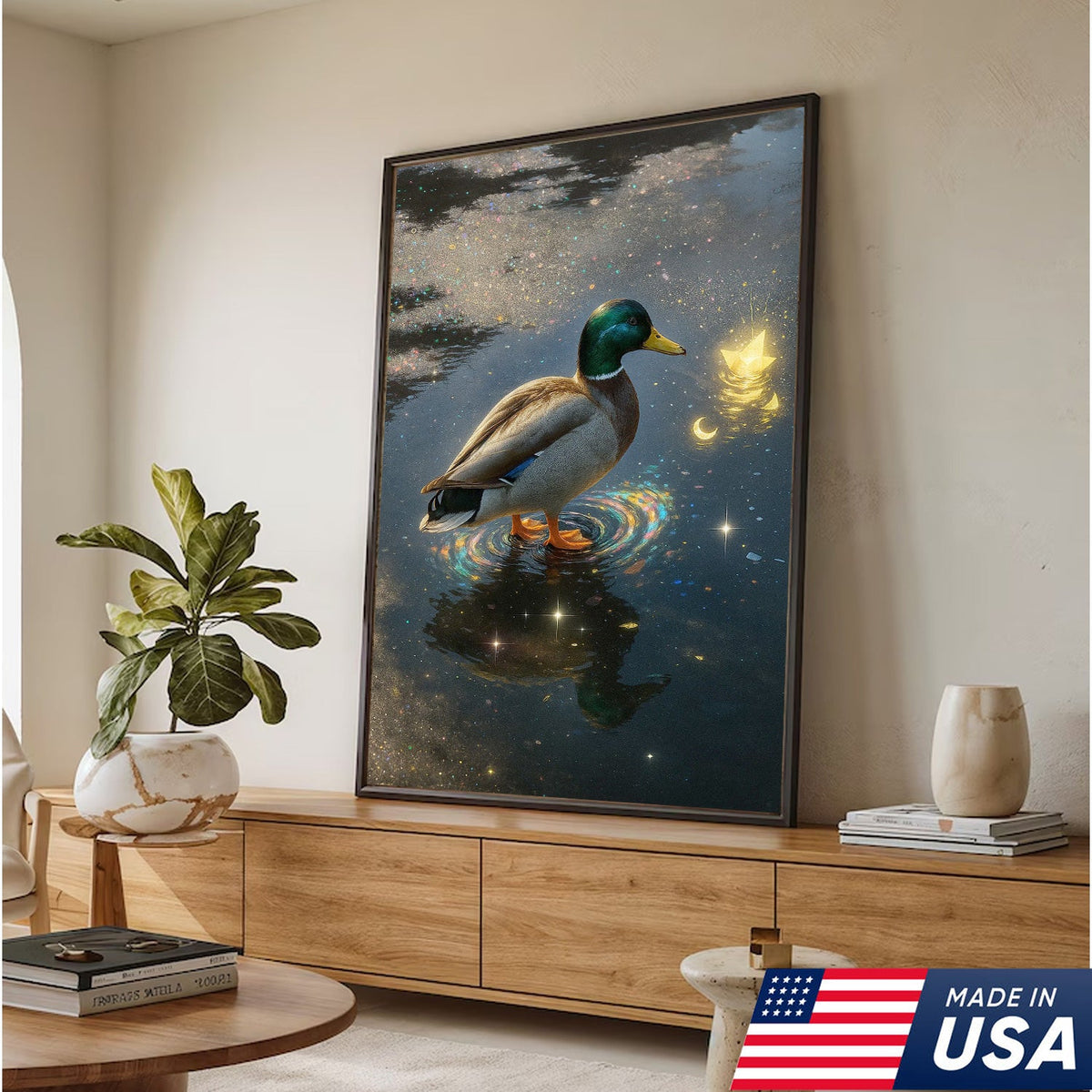 Magical Duck Canvas Art – Enchanted Night Water Scene with Glowing Stars