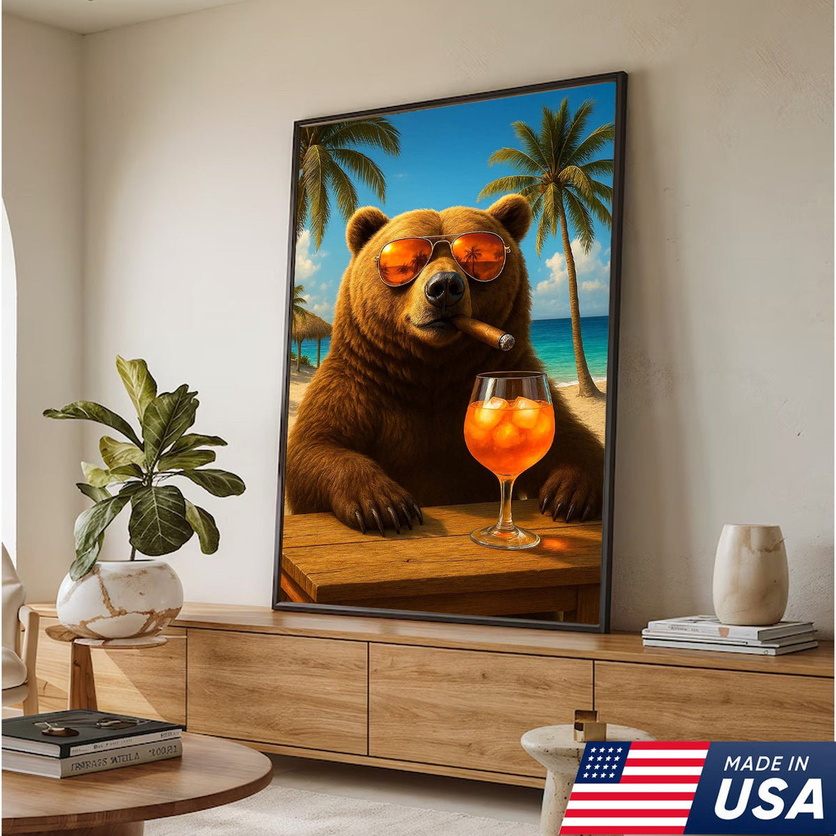 Beach Bear Wall Art Canvas, Cool Sunglasses Bear Tropical Vacation Decor