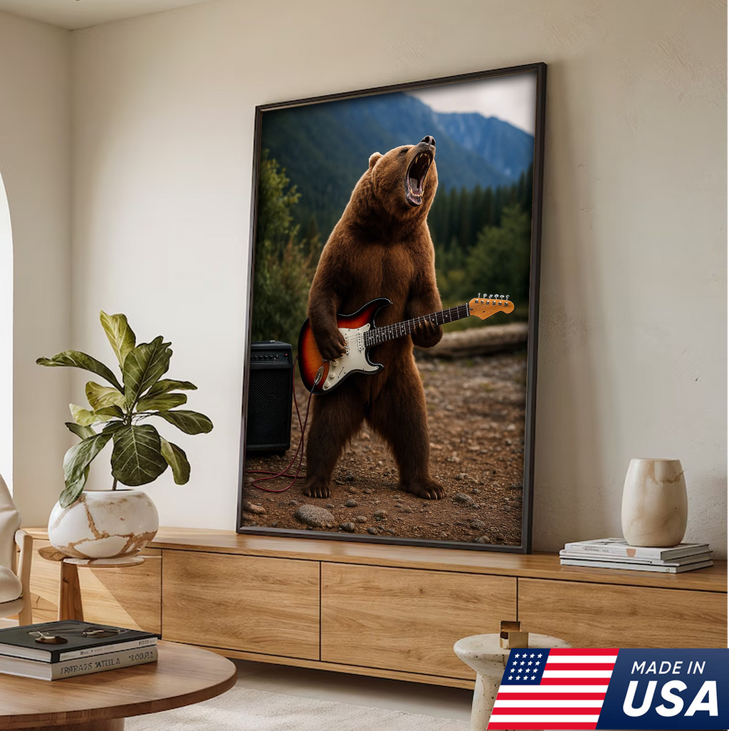 Funny Bear Canvas Wall Art – Rock and Roll Wildlife Decor, Guitar Playing Grizzly