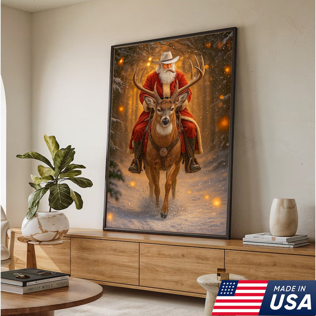 Cowboy Santa Riding Deer Canvas, Western Christmas Wall Art Decor