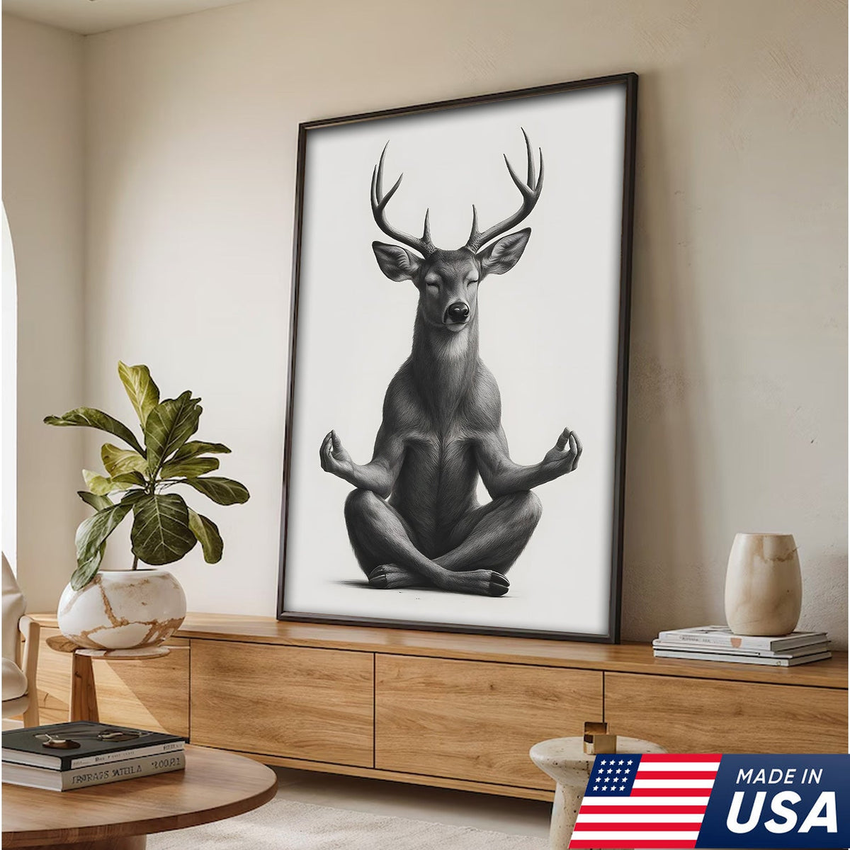 Yoga Deer Canvas Wall Art, Meditating Buck Minimalist Black and White Print, Peaceful Wildlife Zen Decor