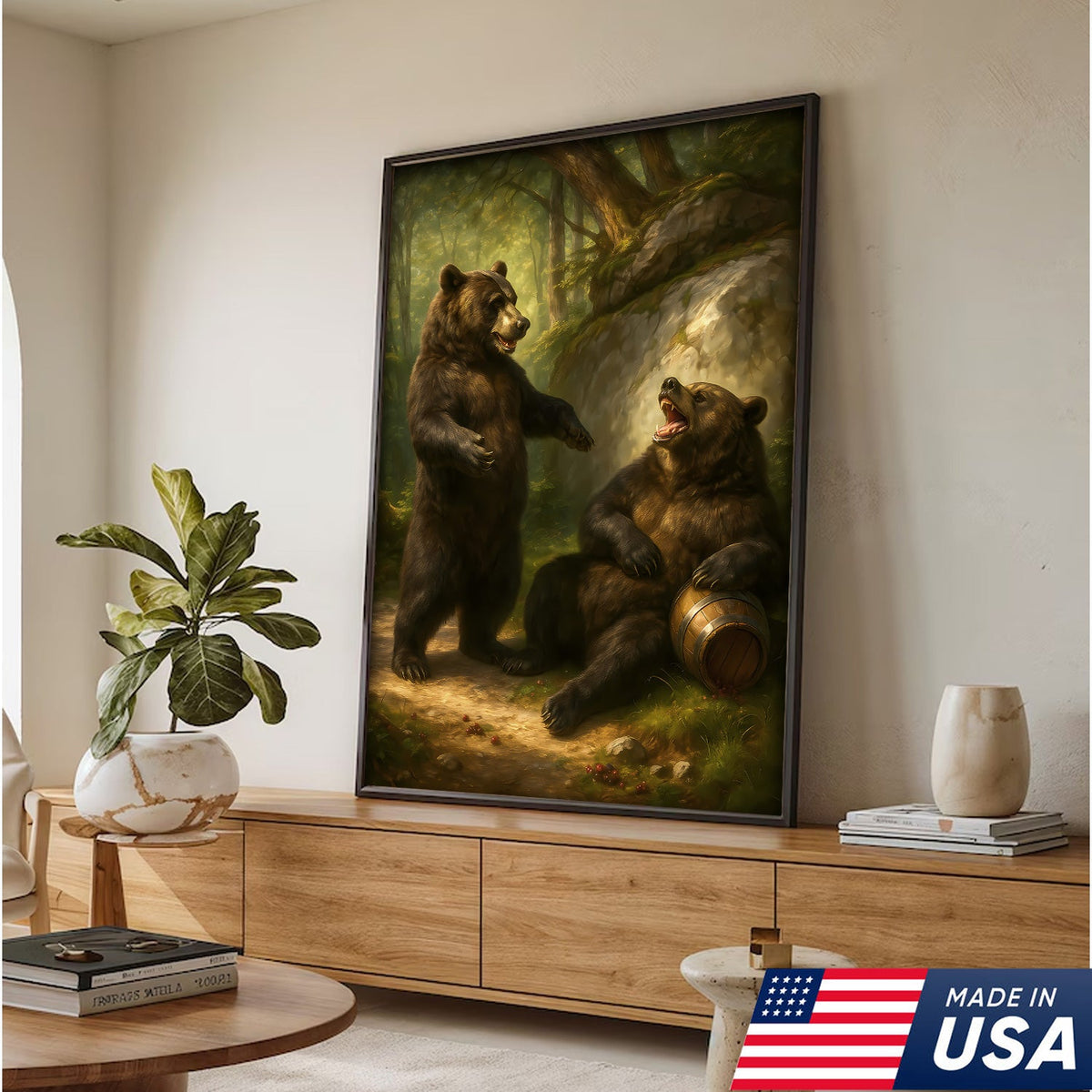 Funny Drunk Bears Canvas – Rustic Cabin Wall Art Gift for Hunters, Beer Lovers & Man Caves