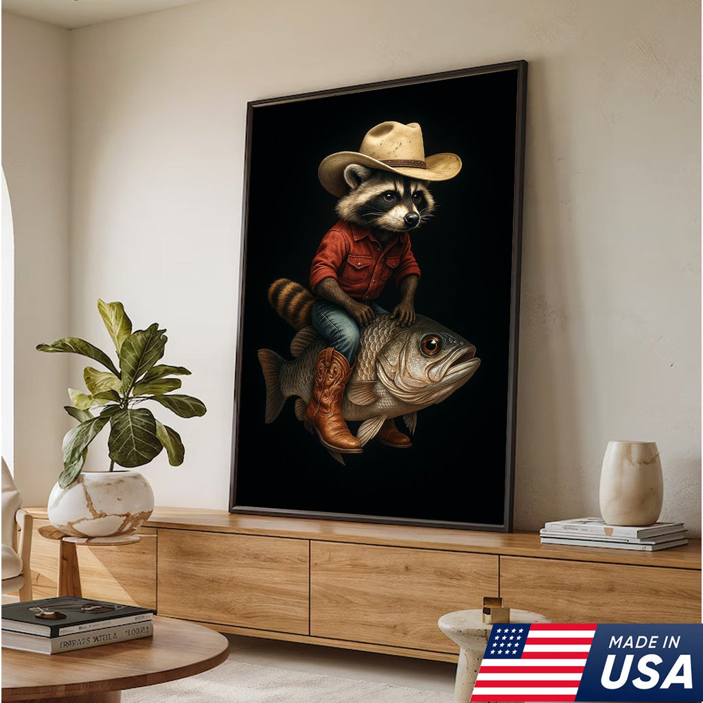 Cowboy Raccoon Riding Fish Canvas – Surreal Western Wall Art for Man Cave Decor