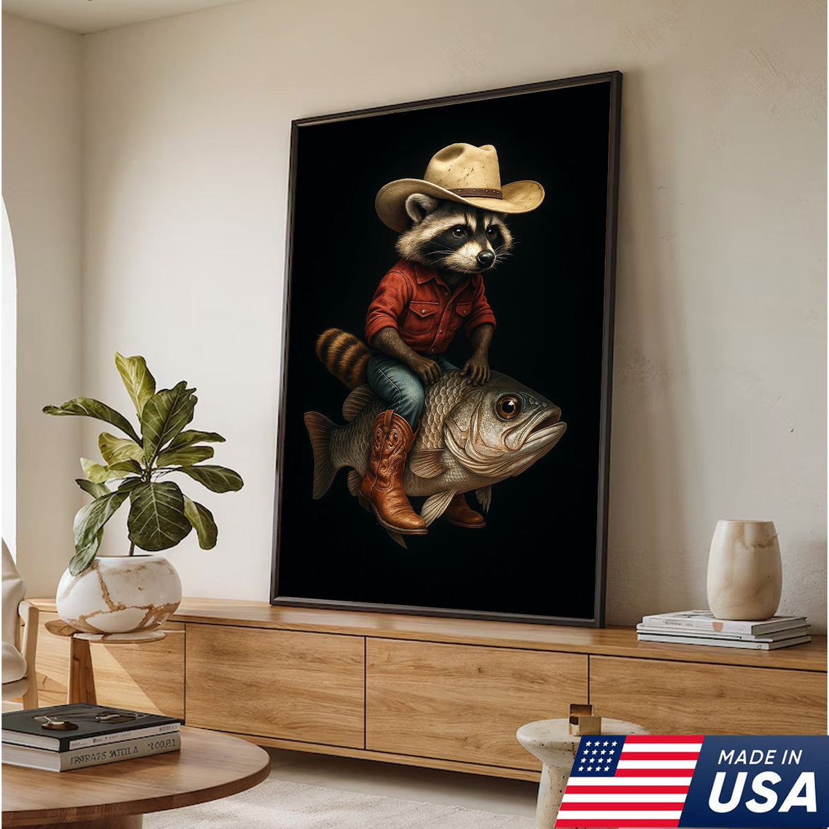 Cowboy Raccoon Riding Fish Canvas – Surreal Western Wall Art for Man Cave Decor