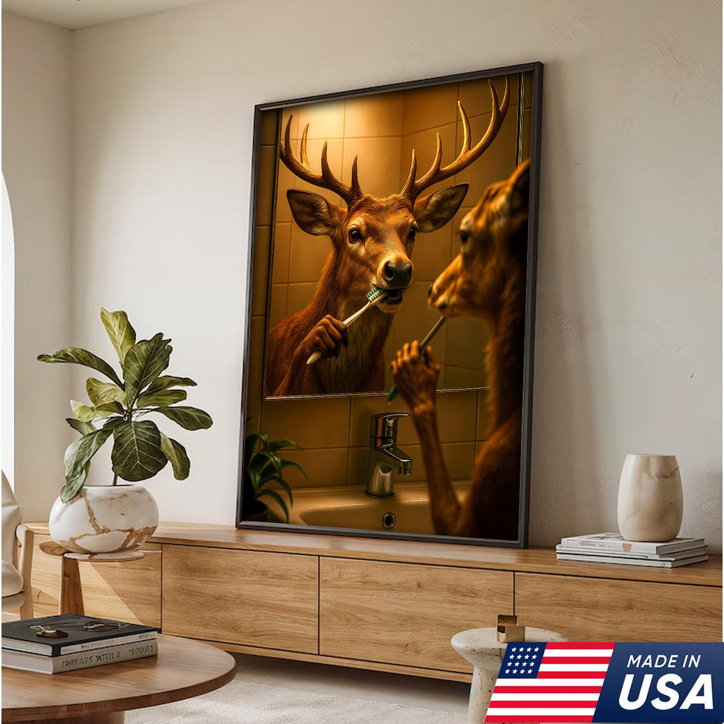 Deer Brushing Teeth Canvas – Funny Bathroom Wall Art, Cabin Decor Gift for Hunters