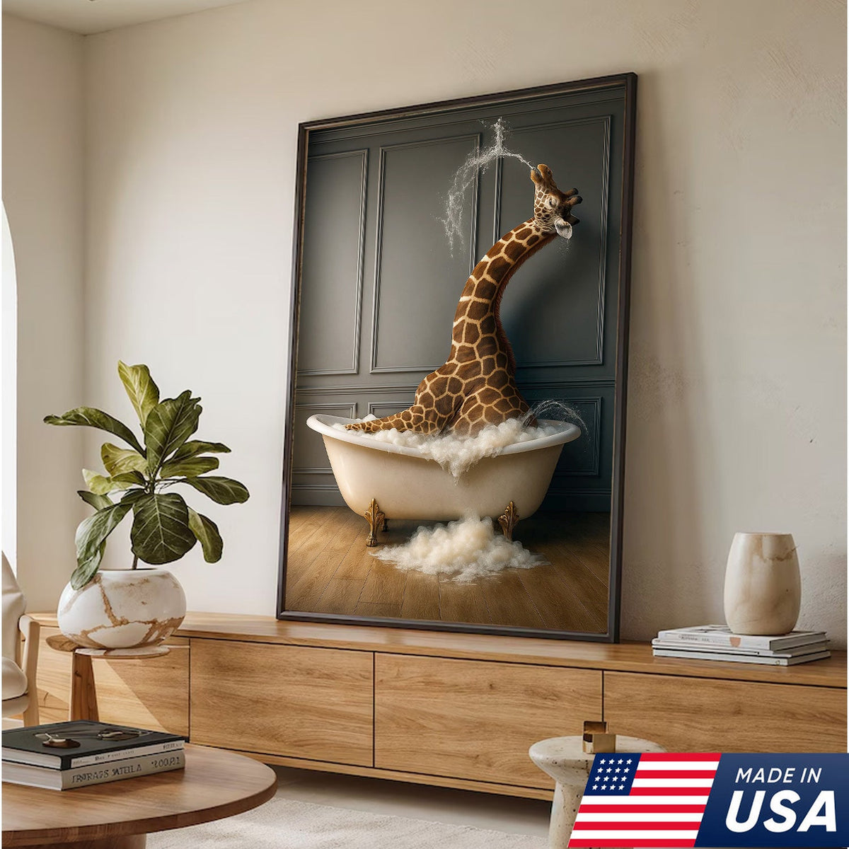 Funny Giraffe Bubble Bath Wall Art Canvas, Animals in Bathtub Kids Bathroom Decor
