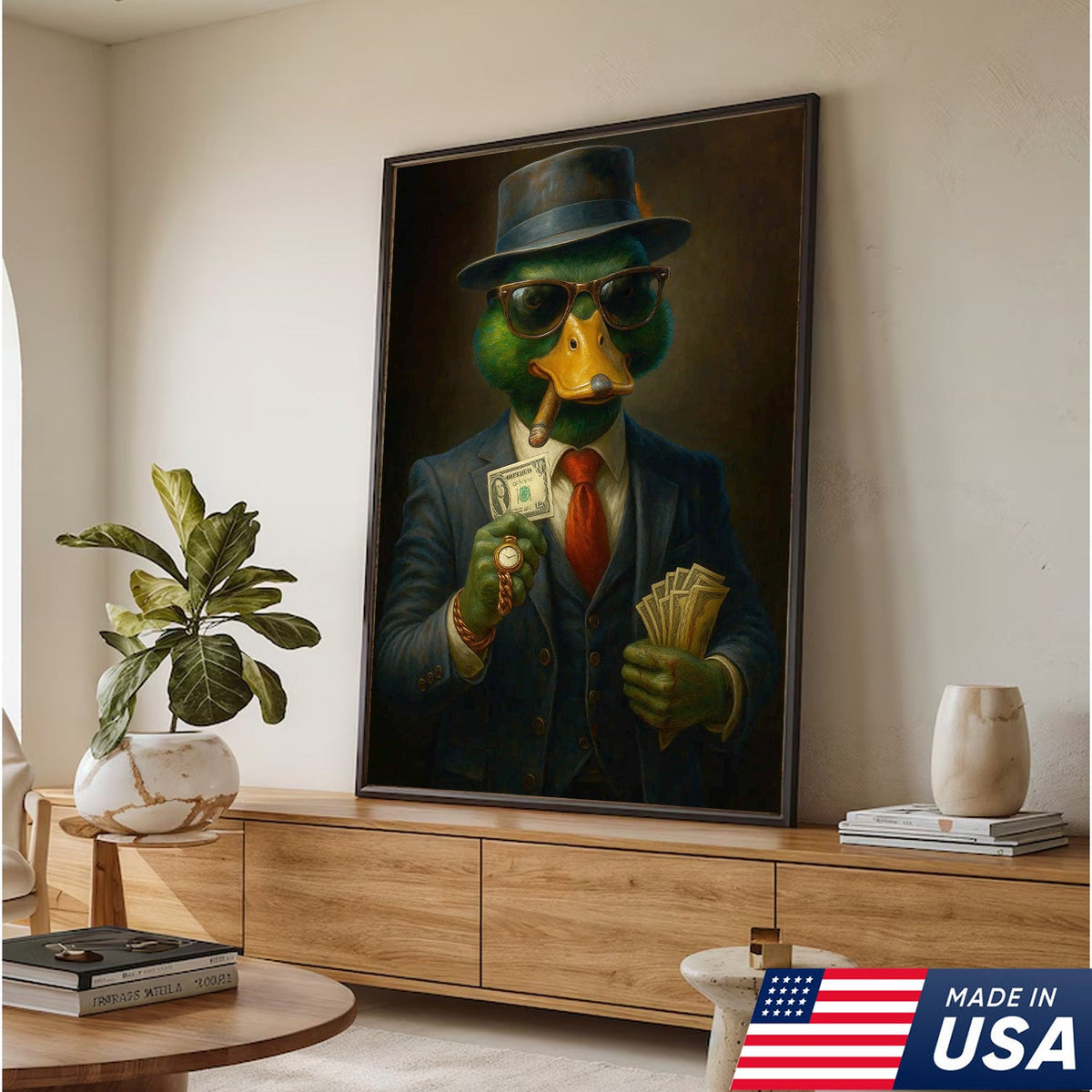 Gangster Duck Money Canvas Wall Art, Rich Boss Duck in Suit Holding Cash