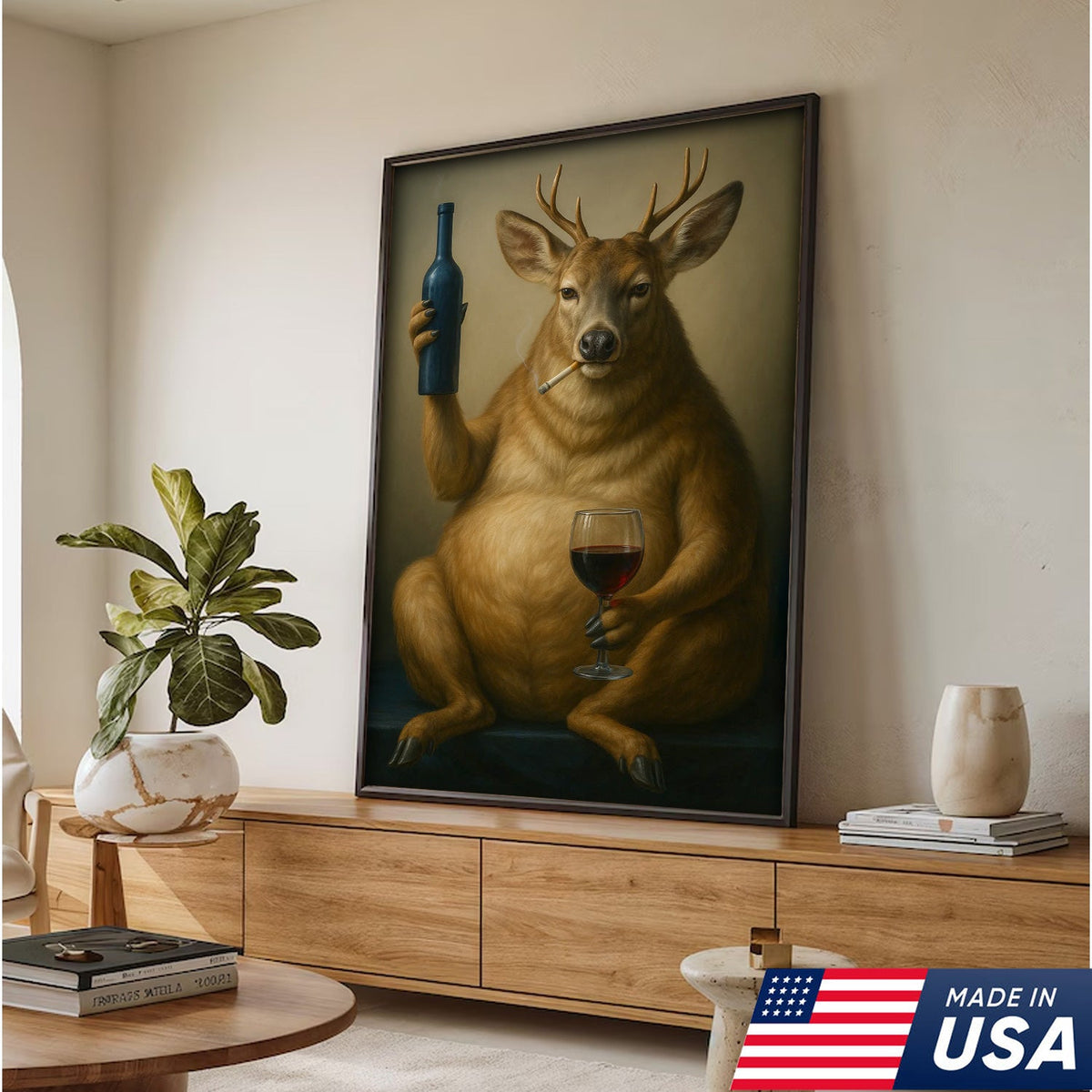 Funny Deer Wall Art Canvas – Fat Buck with Wine Glass Rustic Lodge Decor