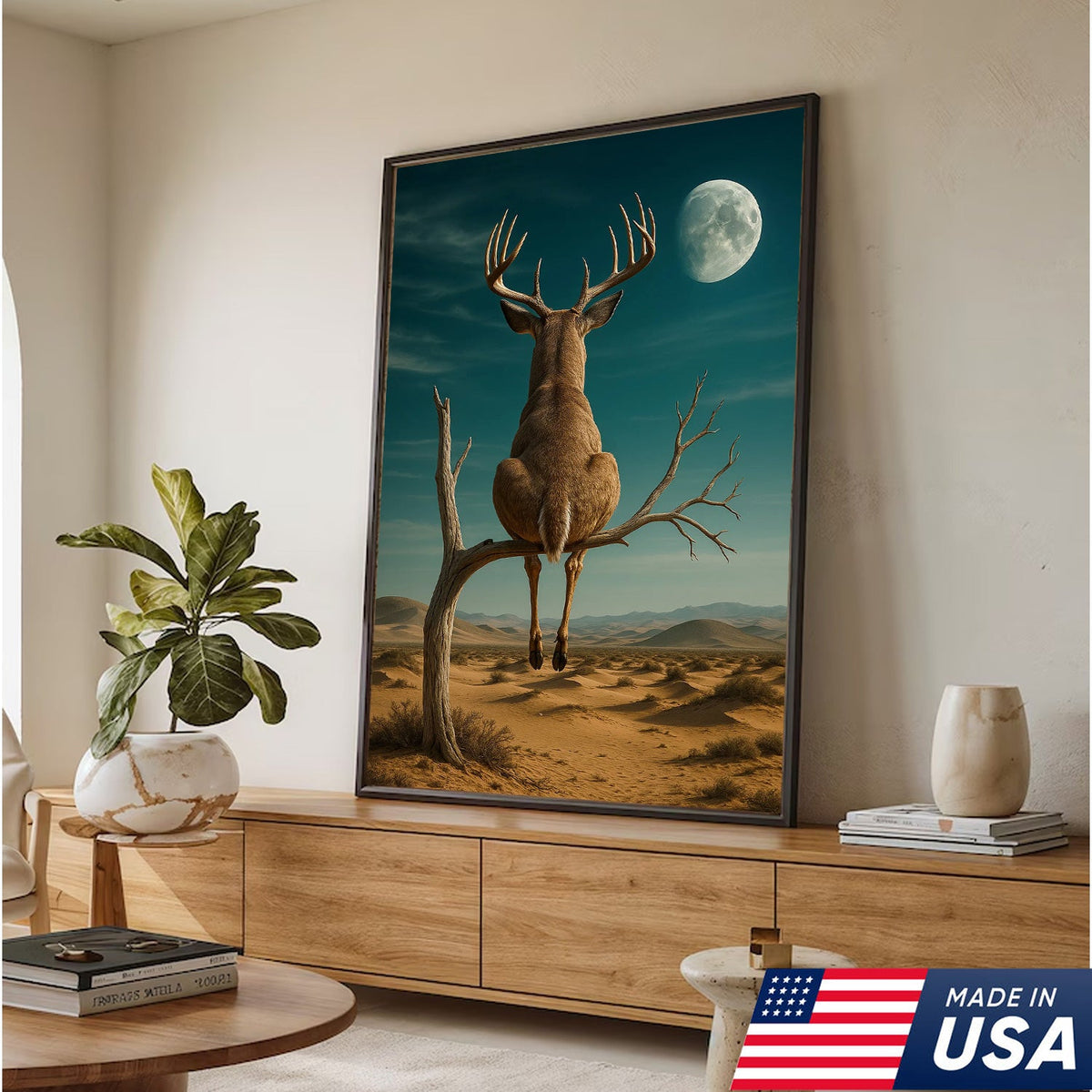Funny Deer Moon Canvas, Whitetail Buck Sitting on Tree Wall Art, Humorous Hunter Gift