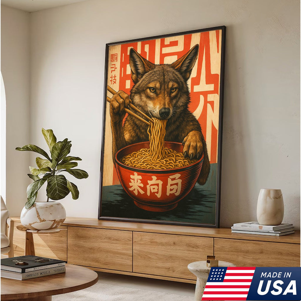 Funny Wolf Coyote Eating Ramen Canvas Wall Art, Quirky Animal Kitchen Decor