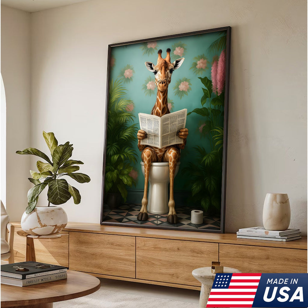 Funny Giraffe Bathroom Canvas Wall Art, Whimsical Animal Reading Newspaper Print