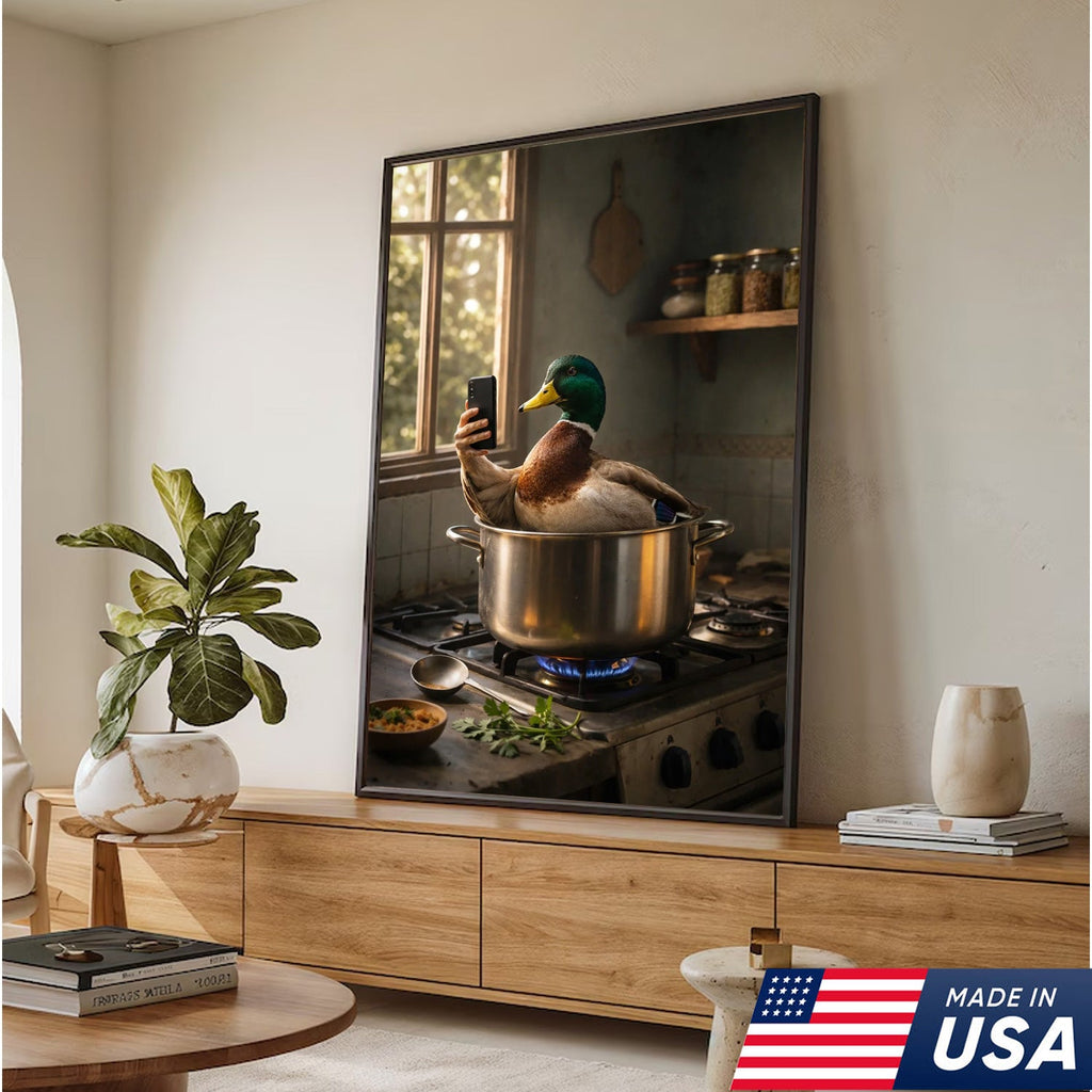 Funny Duck Cooking Selfie Canvas Wall Art, Whimsical Kitchen Animal Illustration