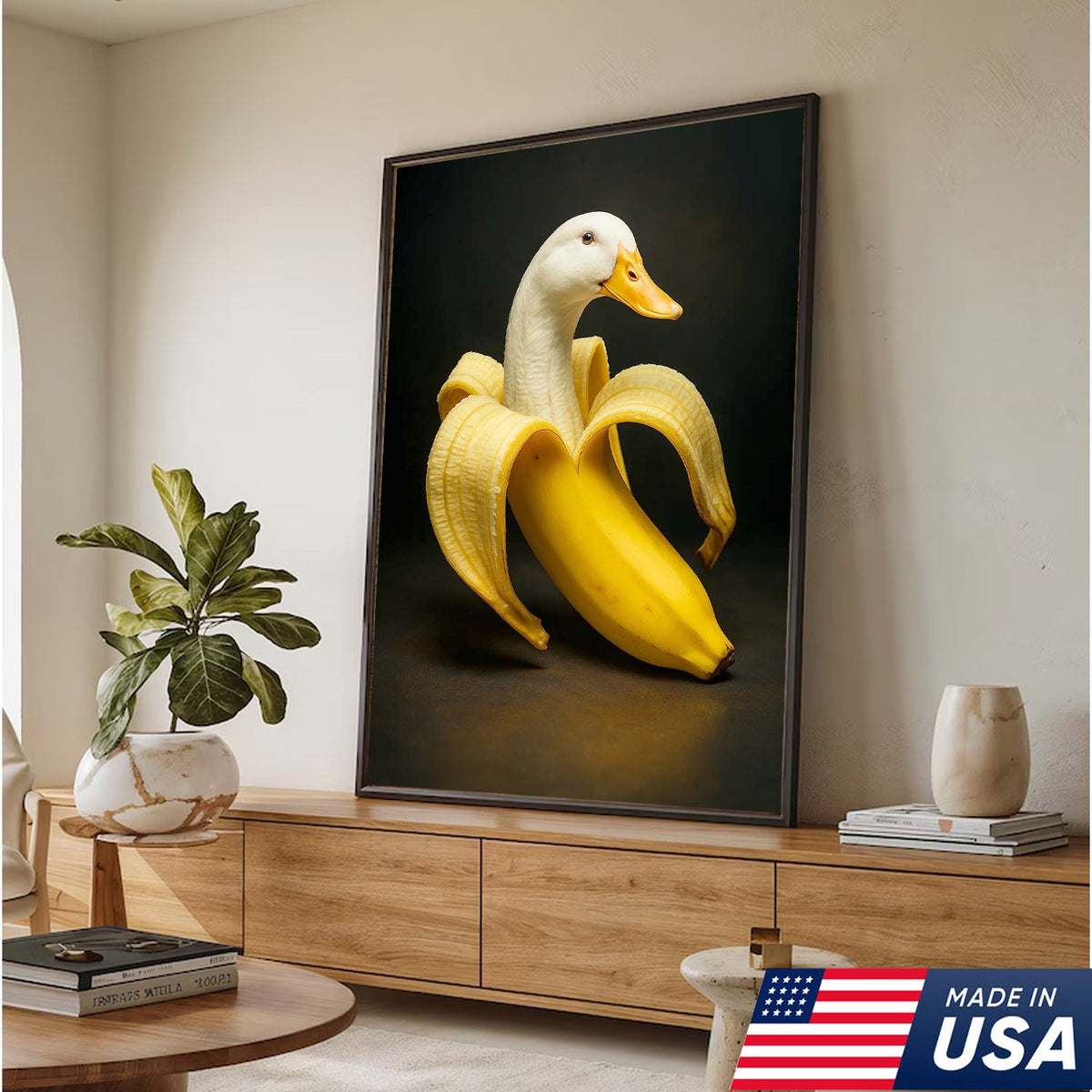 Banana Duck Canvas Wall Art, Surreal Fruit Animal Print, Funny Kitchen & Bathroom Decor