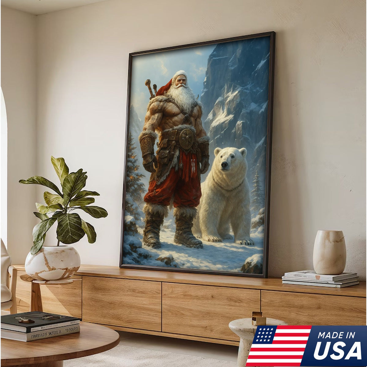 Viking Santa with Polar Bear Canvas Wall Art, Epic Christmas Warrior Decor