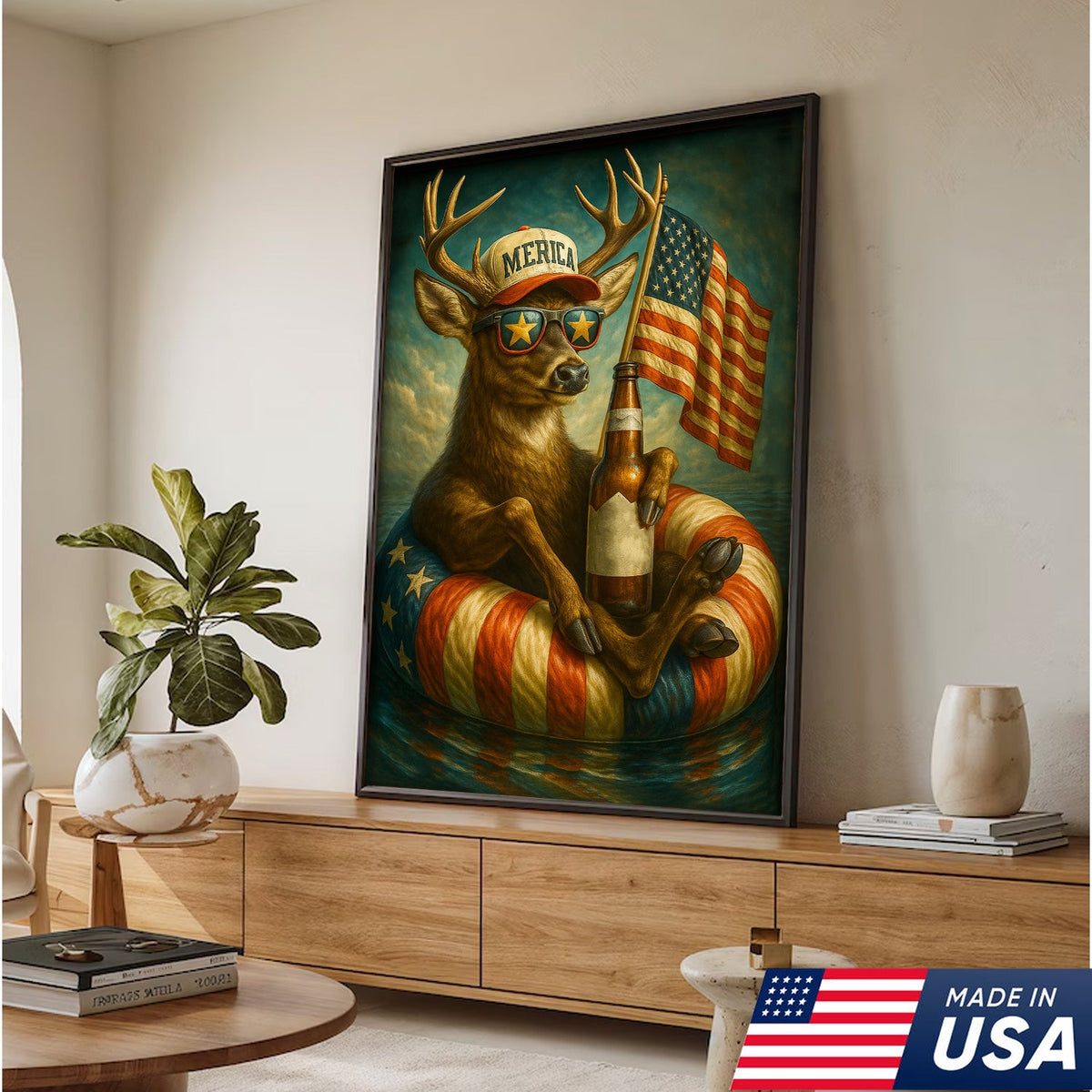 Patriotic Deer Wall Art Canvas – Funny American Flag Wall Art, Man Cave & Rustic Cabin Decor