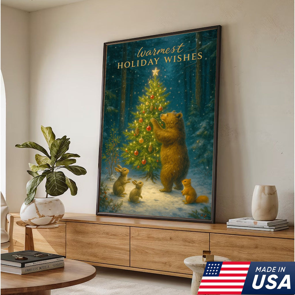 Warmest Holiday Wishes Woodland Christmas Art – Cute Bear & Forest Animals Wall Print