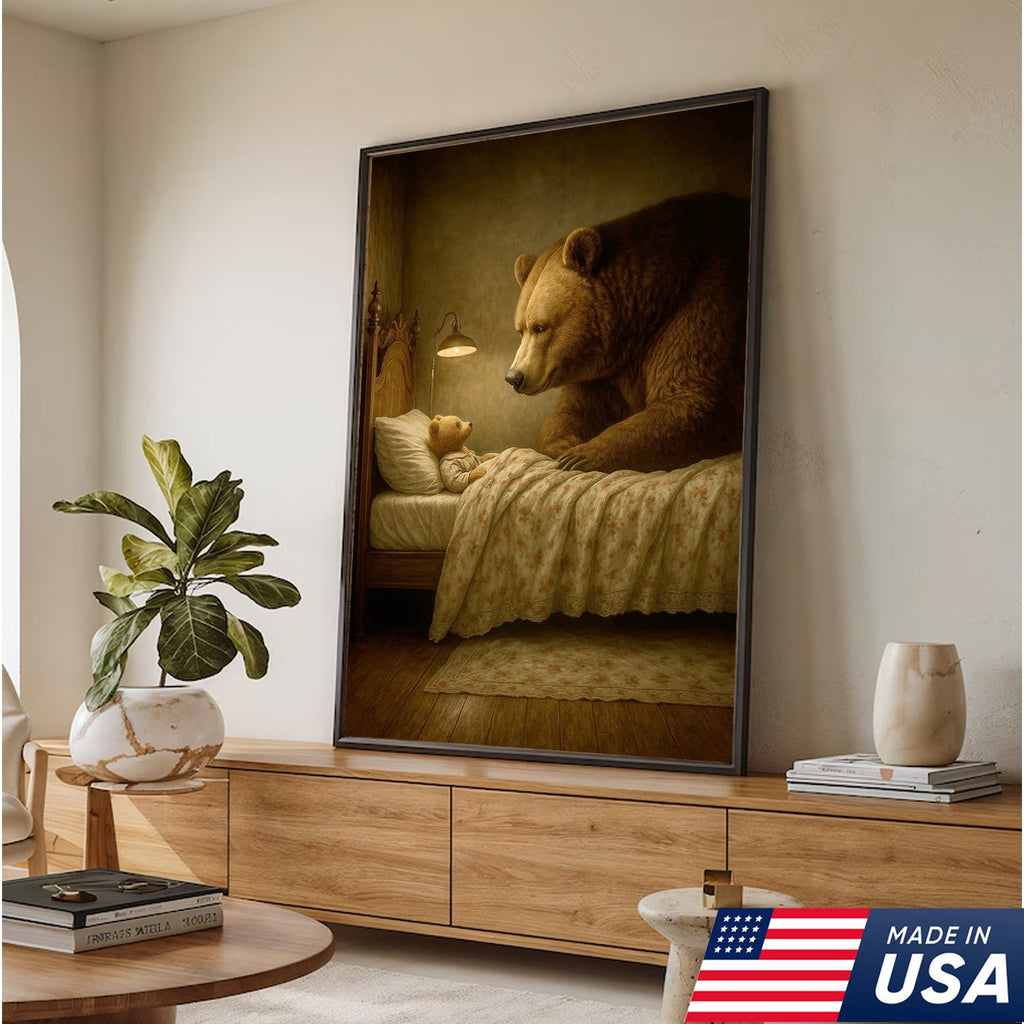 Mother Bear and Cub Canvas Wall Art, Whimsical Bedtime Wildlife Artwork