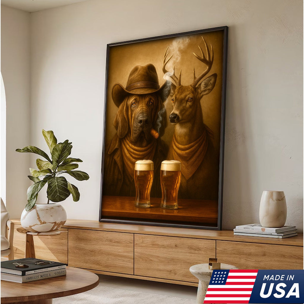 Funny Dog & Deer Cowboy Canvas Wall Art – Funny Rustic Beer Decor for Hunters