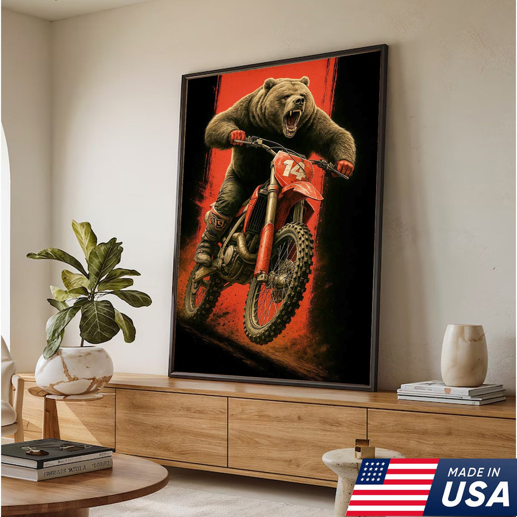 Motocross Bear Wall Art Canvas, Fierce Dirt Bike Racing Bear Print