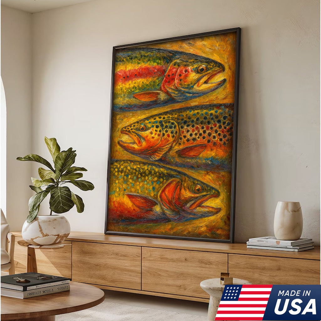 Trout Oil Painting Canvas Wall Art – Rustic Fishing Lodge Decor Gift for Anglers & Nature Lovers