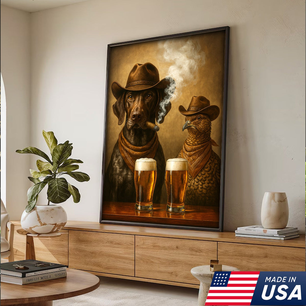 Funny Dog & Grouse Beer Canvas Wall Art – Rustic Cowboy Bar Decor Gift for Hunters & Outdoorsmen